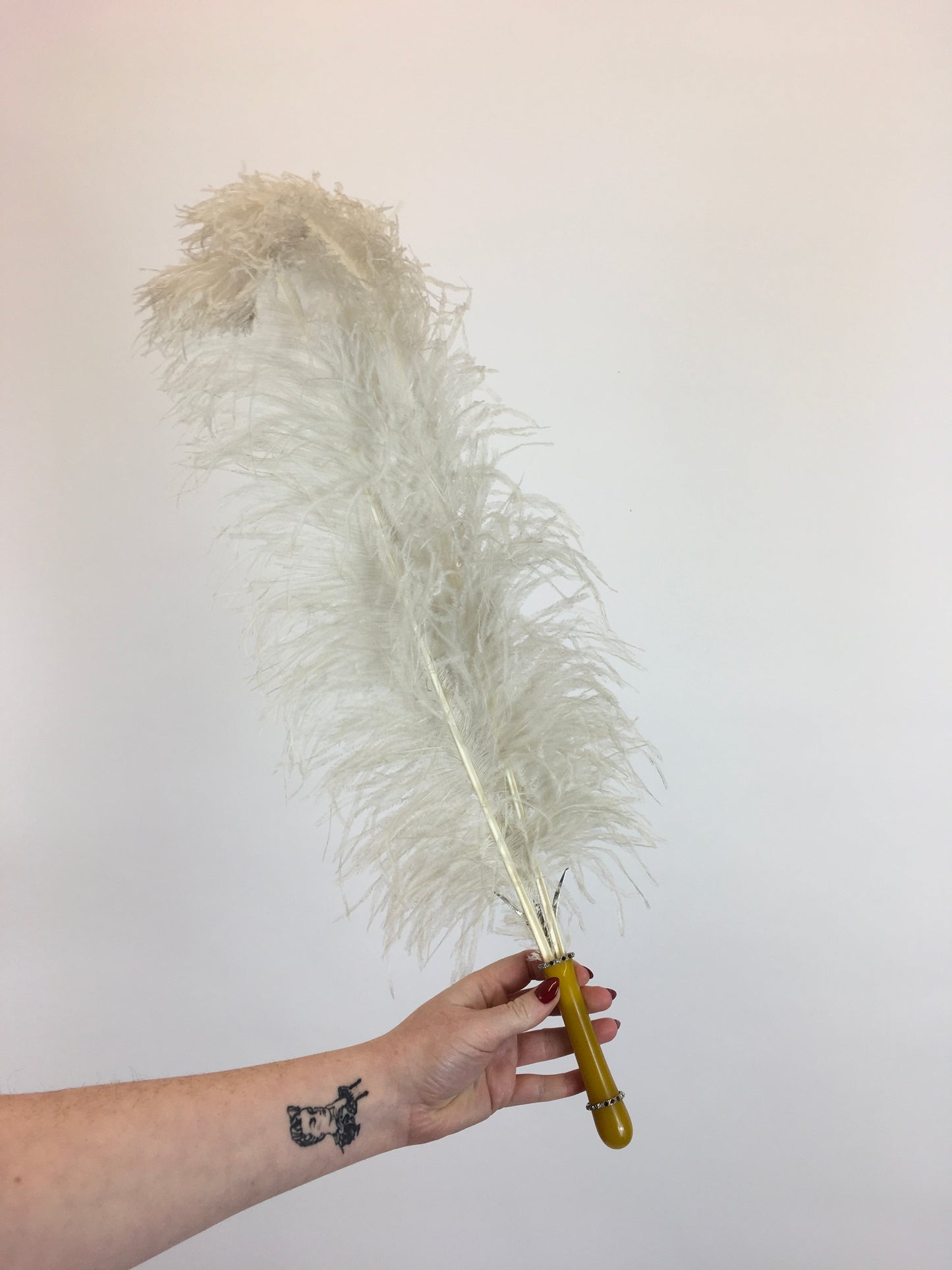 Original 1920's Fabulous Single Feather Plume with Encrusted Early Plastic Handle - Worn in 1926 To a Brides Evening Celebration