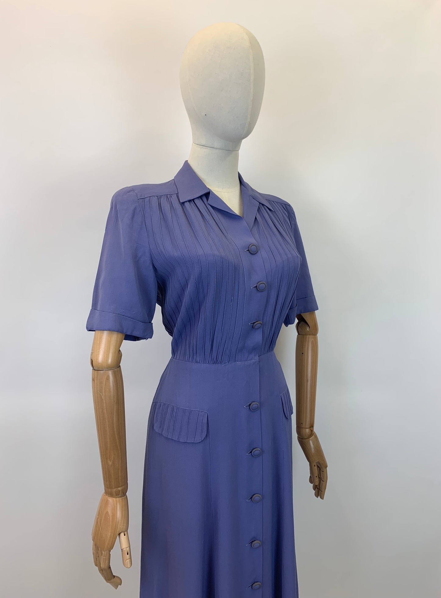 Original 1940's Darling Day Dress - With Delightful Pleatwork in Periwinkle