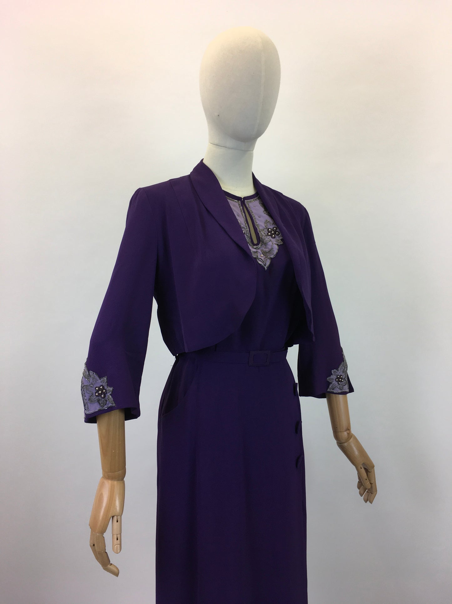 Original 1940's Amazing 3pc Set In Cadbury Purple - With Sensational Beadwork Detailing