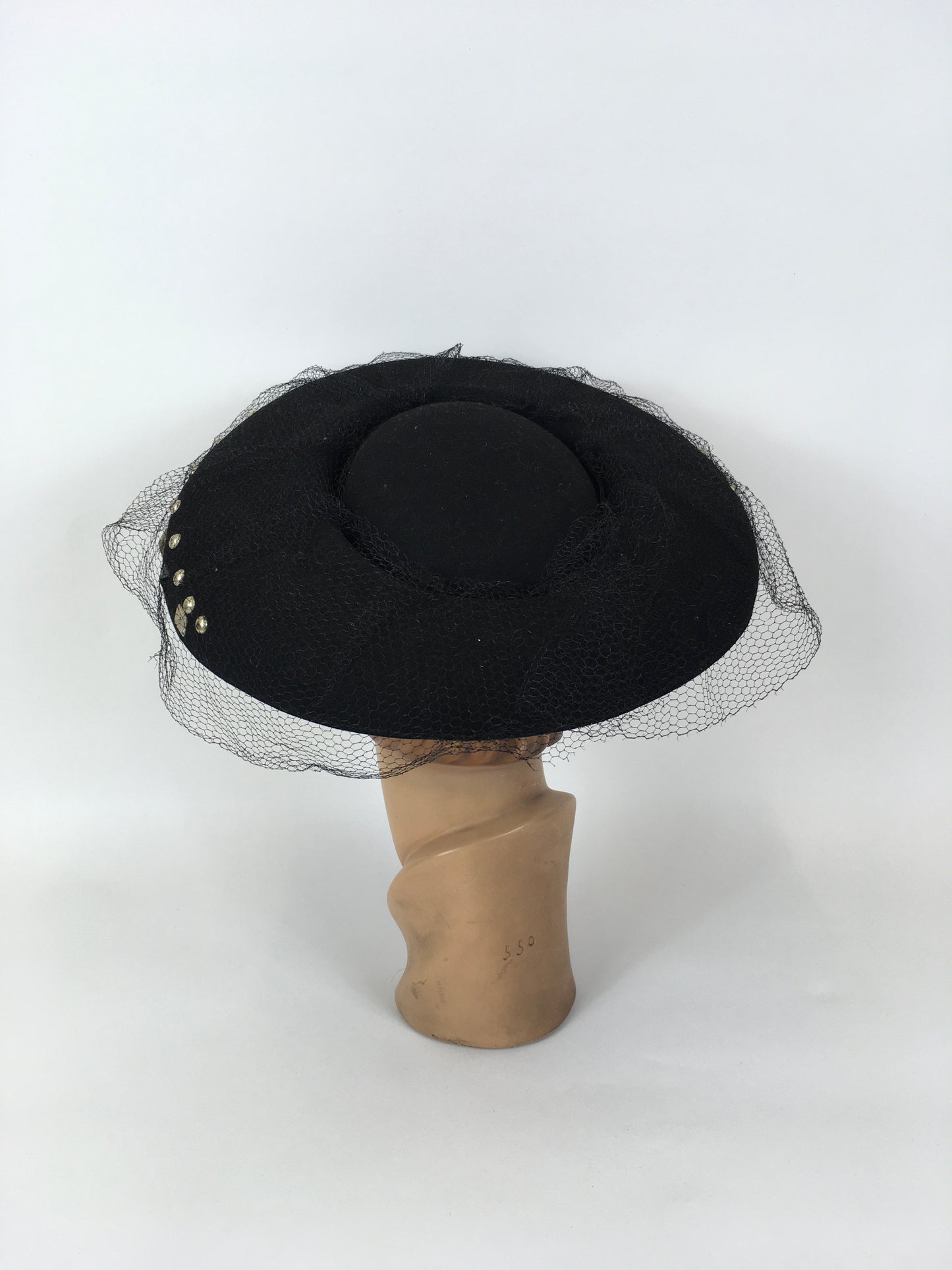 Original 1940’s SHOWSTOPPING Black Platter Hat - With Coloured Stud Work Detailing & Veiling