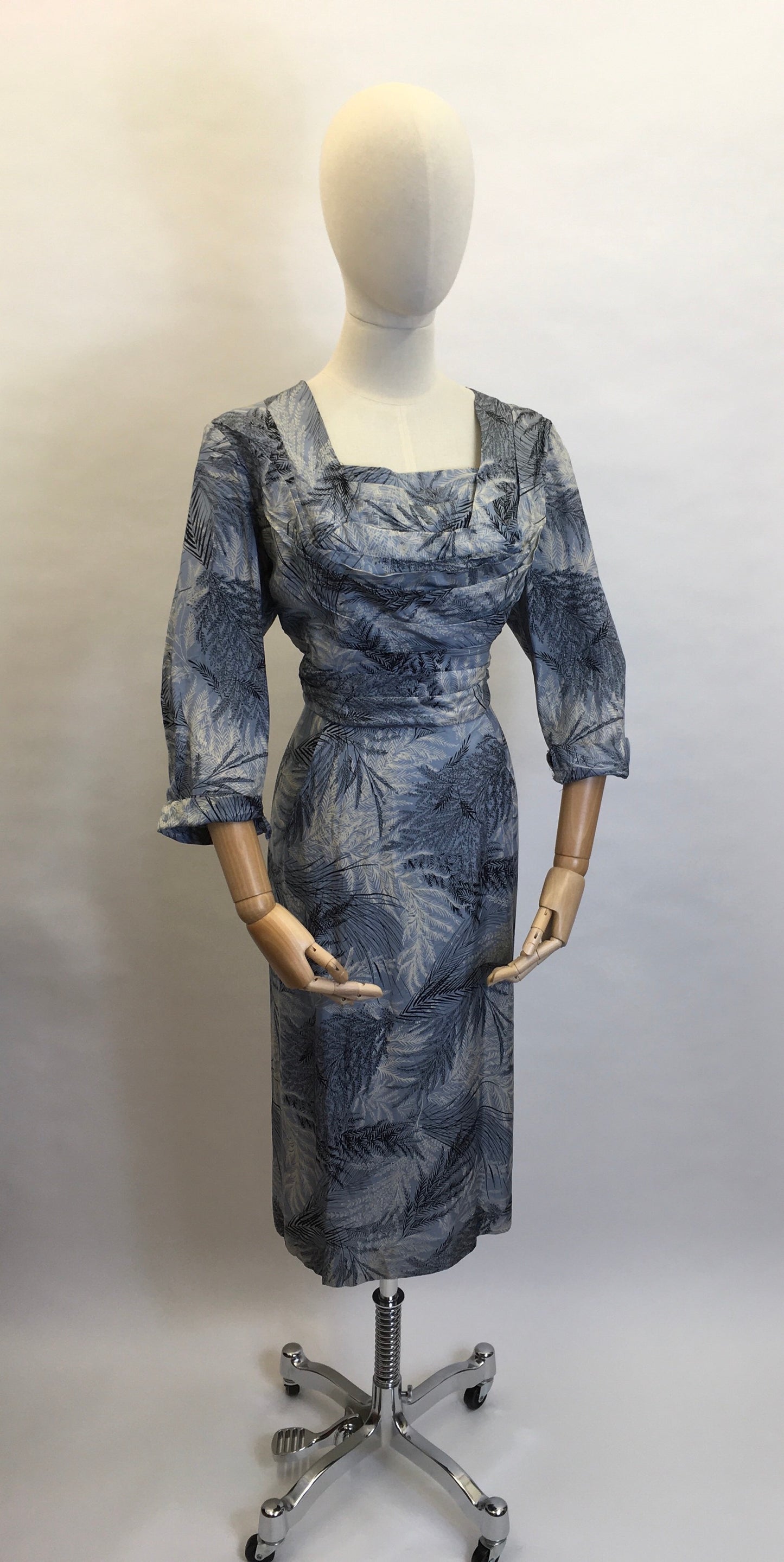 Original 1940’s Cocktail Dress - In a lovely Fern Print Silk in Power Blues and Shades of Grey