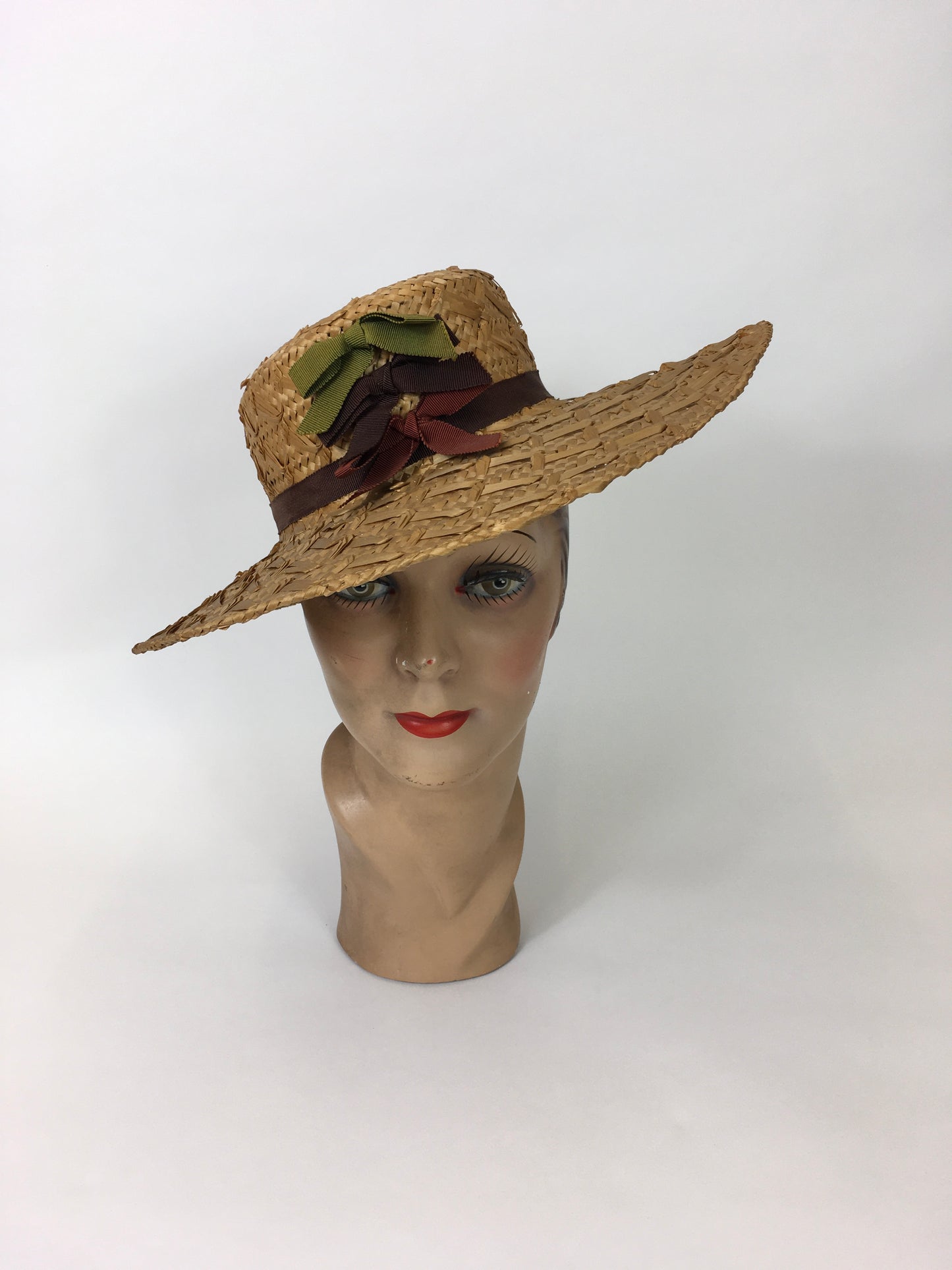Original 1940’s Straw Hat With Grosgrain Ribbon - In Warm Browns, Grassy Greens and Maroons