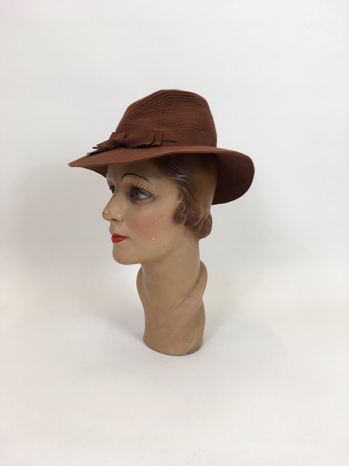 Original 1940's Sensational Fedora Hat - In A Warm Cinnamon With Stitchwork Detailing