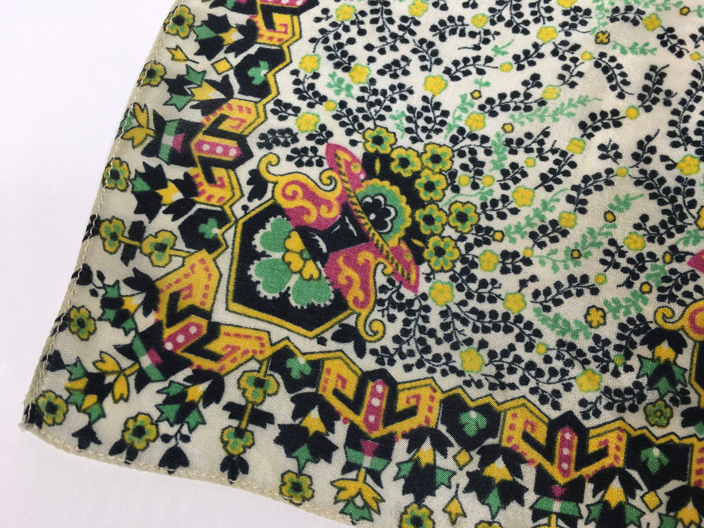 Original 1940’s / 1950’s Silk Hankie - In Lovely Bright Greens, Yellows, Black & Pink