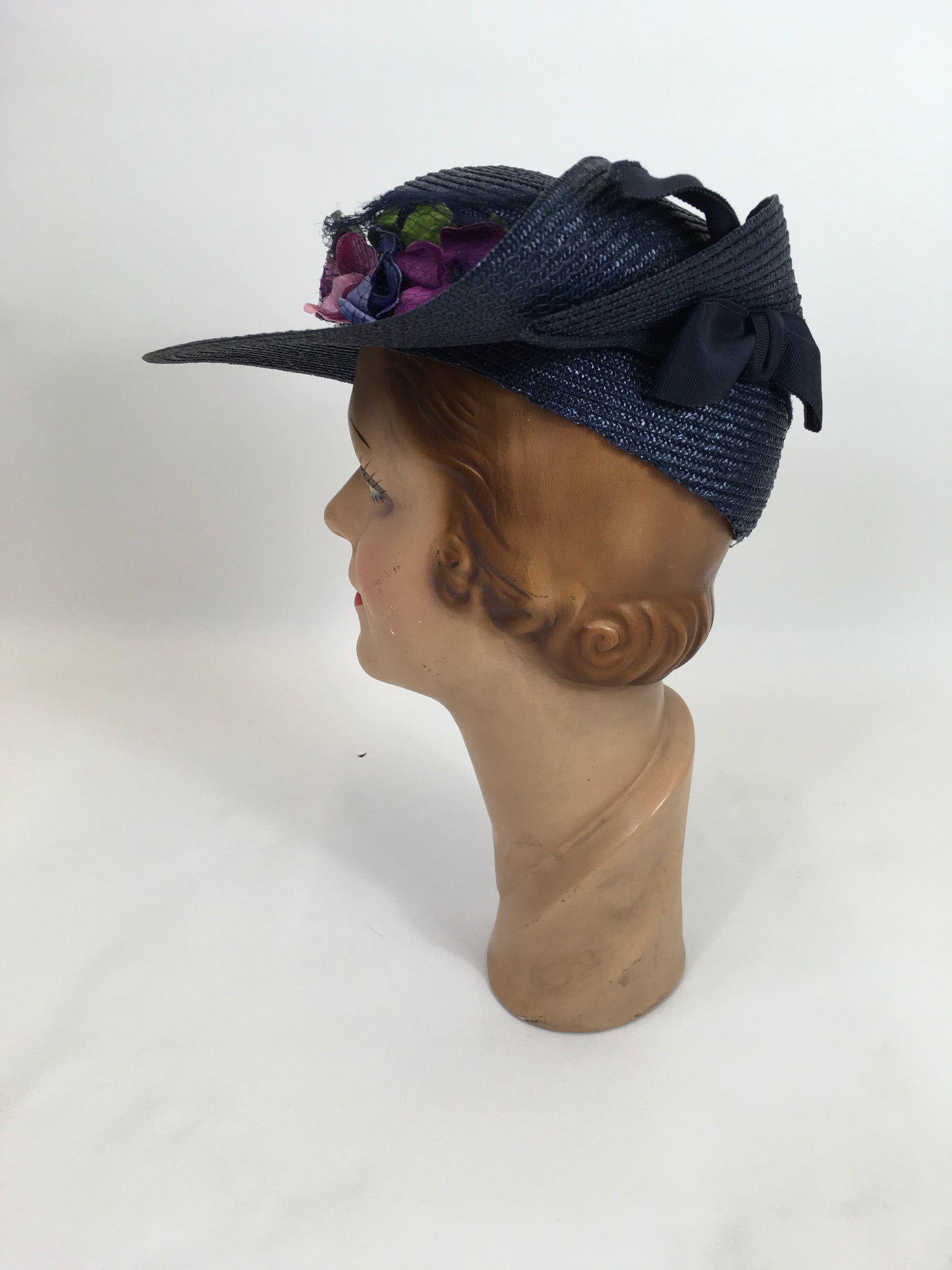 Original 1930’s Stunning Straw Hat - In A Deep Navy With Florals
