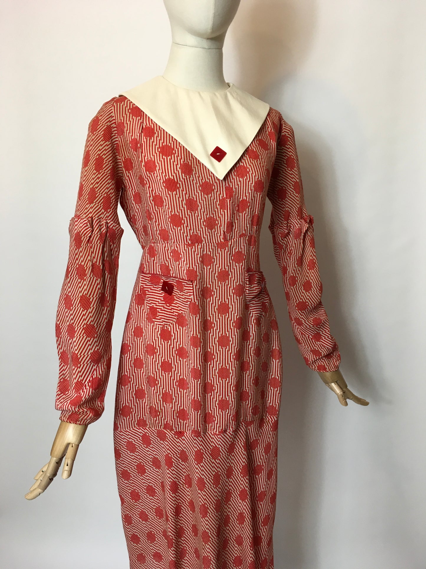 Original 1930’s Stunning Geometric Print Day Dress - Festival of Vintage Fashion Show Exclusive