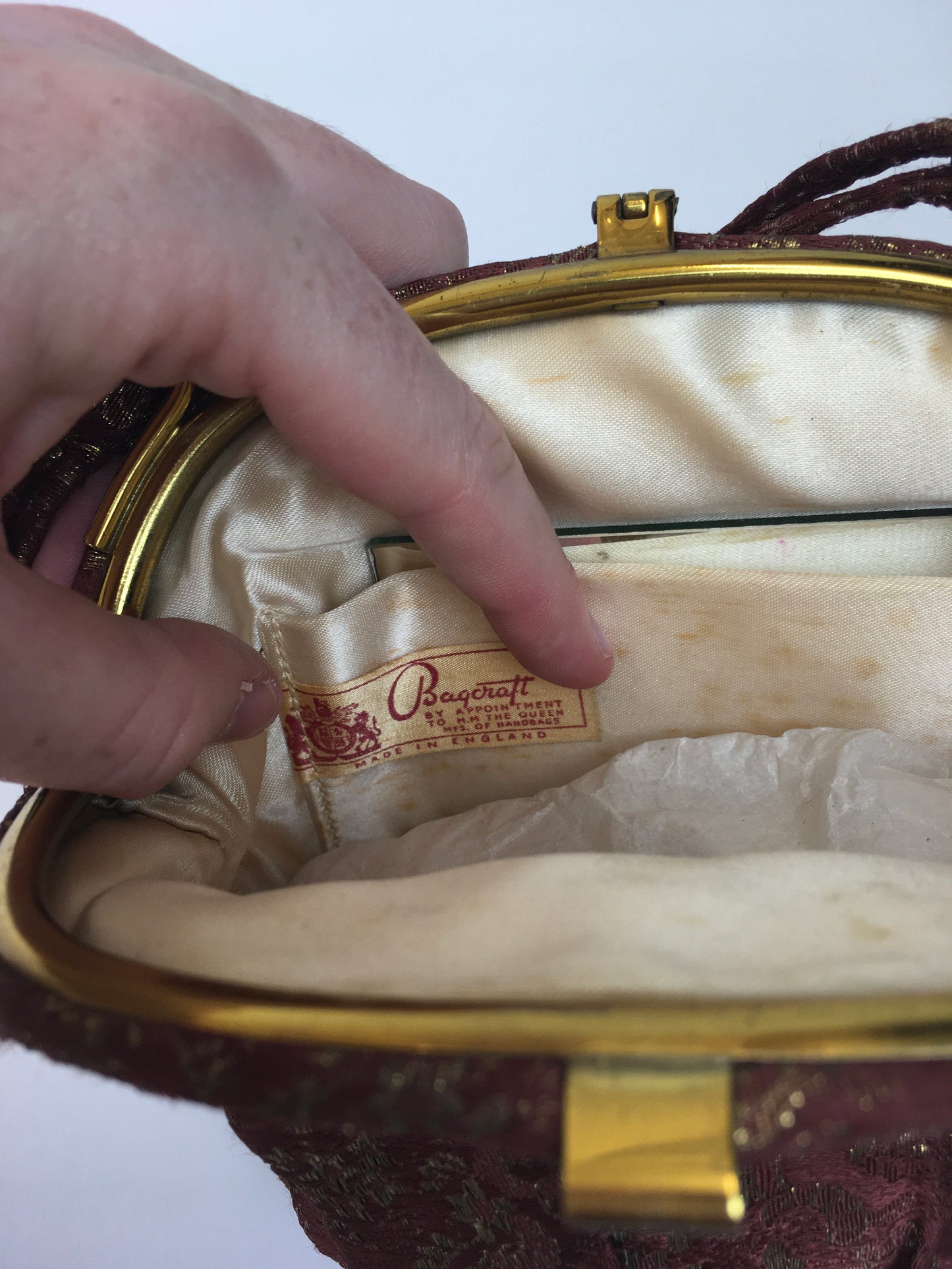 Original 1930’s Lame Evening Bag - In A Beautiful Burgundy with Gold Lame Floral Brocade
