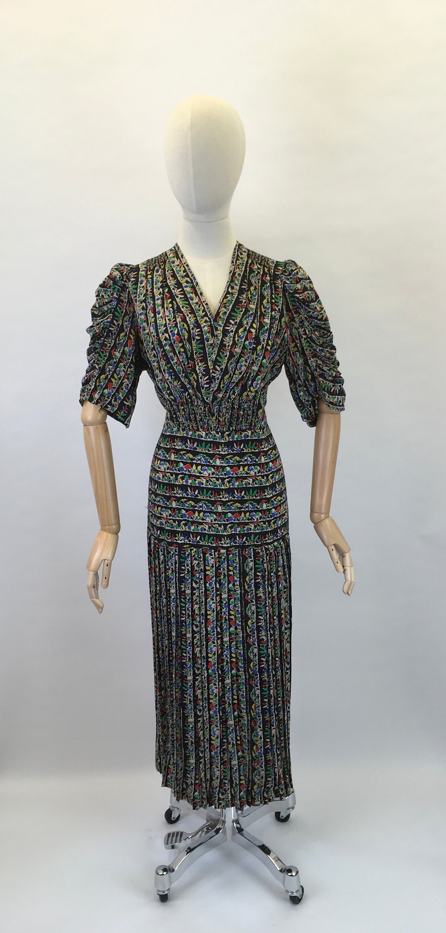 Original 1930s STUNNING Novelty Print Dress - Featuring Toadstools I’m Primary Reds, Yellows, Blues and Greens
