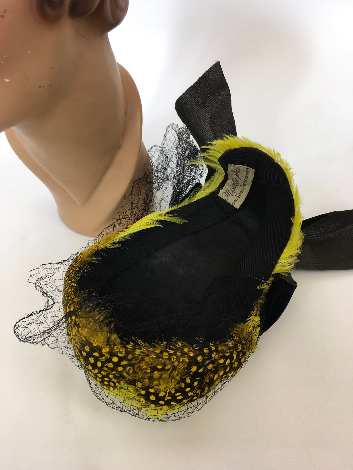 Original 1940’s Fabulous Bright Yellow & Black Feather Topper Hat - With Velvet Bow & Veiling