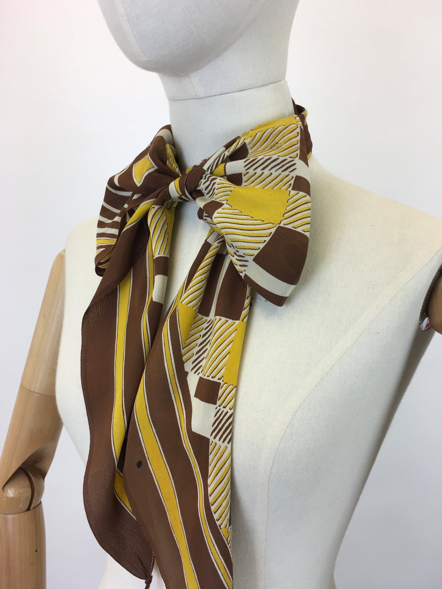 Original 1930’s Rayon Deco Pointed Scarf - In Mustards, Ivory and Warm Brown