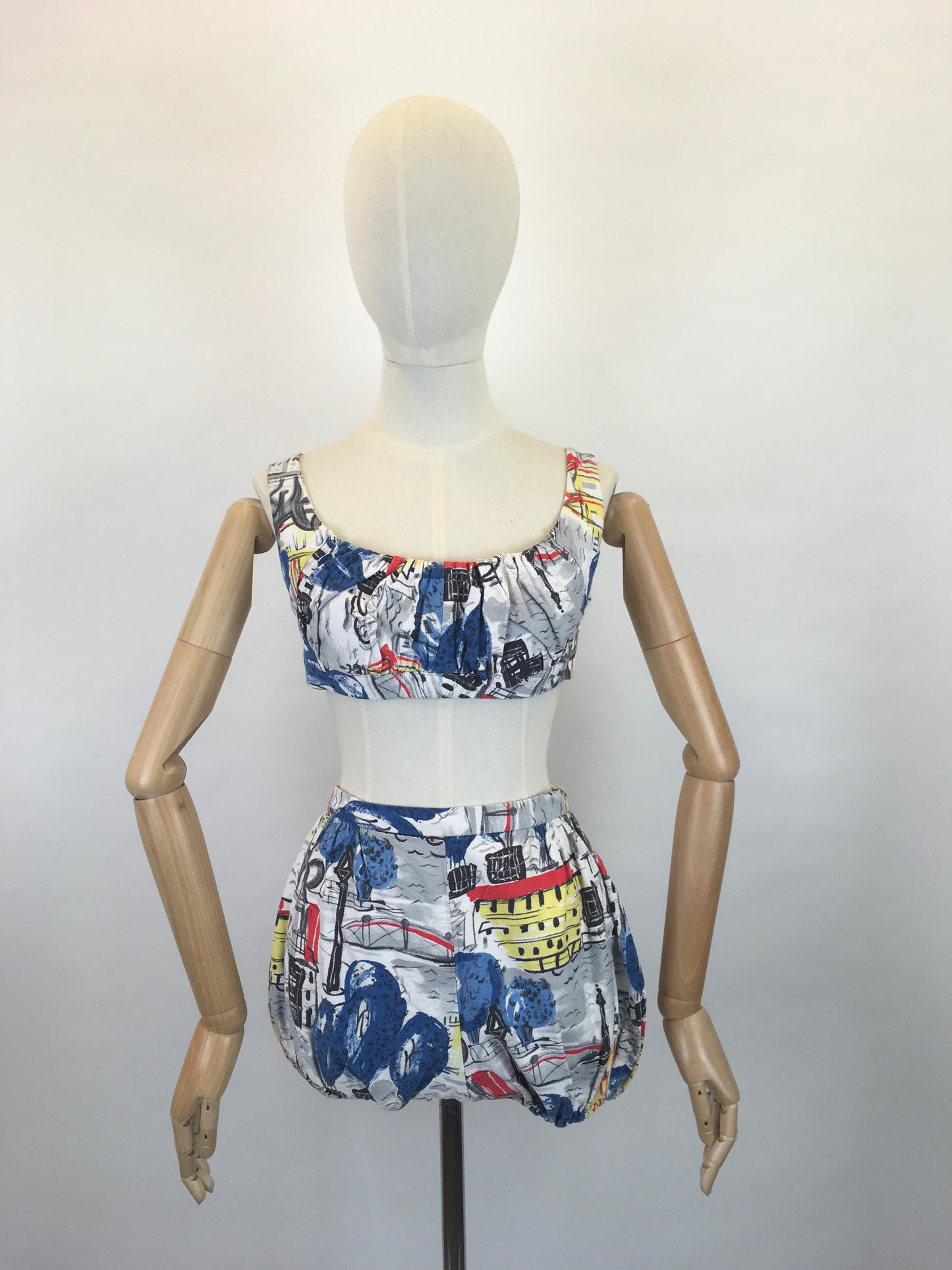 Original 1950s 4 pc Sun Set In Novelty Print Barkcloth - Sun Top, Blouse, Bloomer Shorts and Skirt