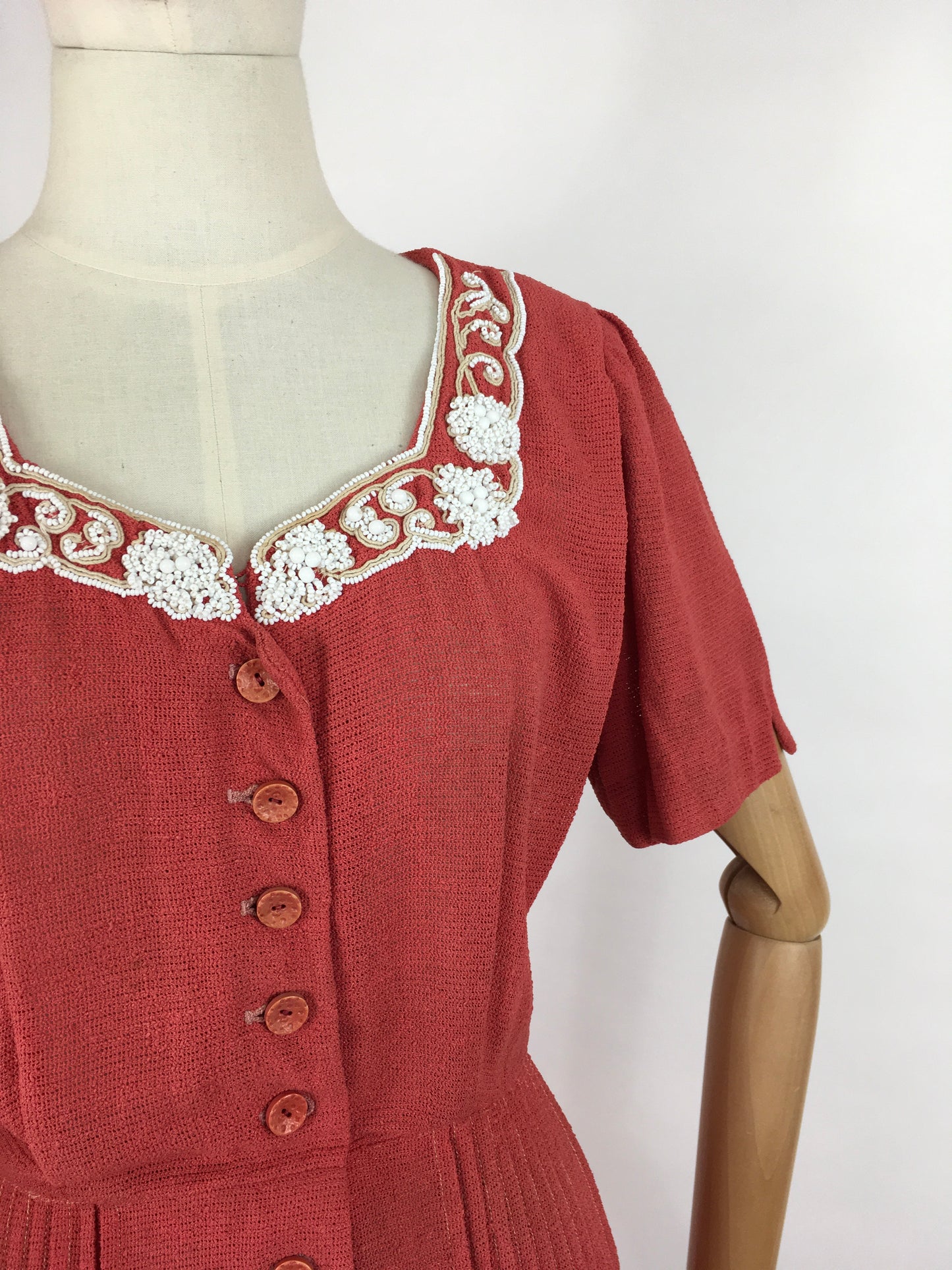 Original 1940’s Dress By ‘ Travelcraft by Sportscraft’ - In a Beautiful Deep Coral with White Floral Beadwork