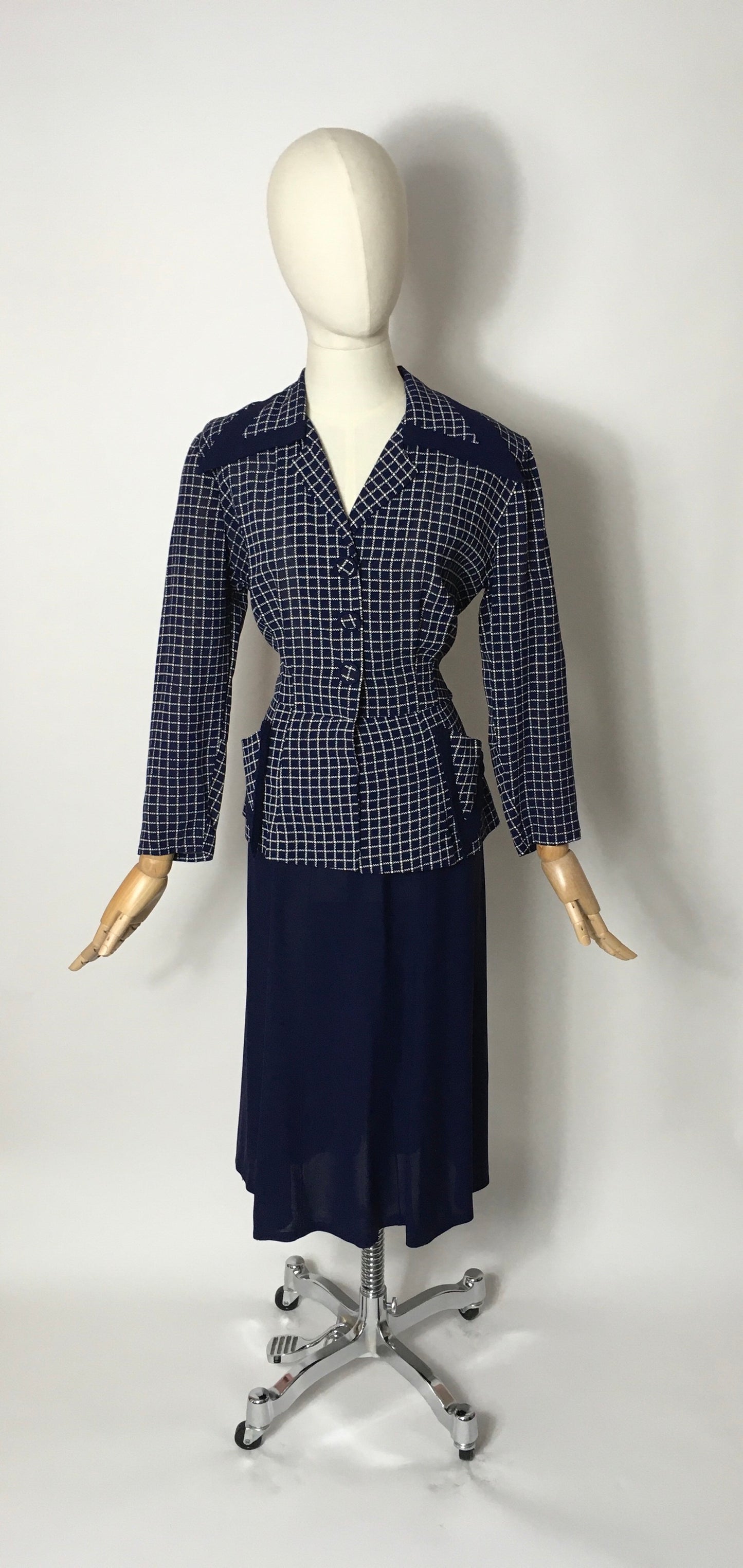 Original 1940’s Illusion Dress with Sharp Collar - Contrast Check & Navy Rayon