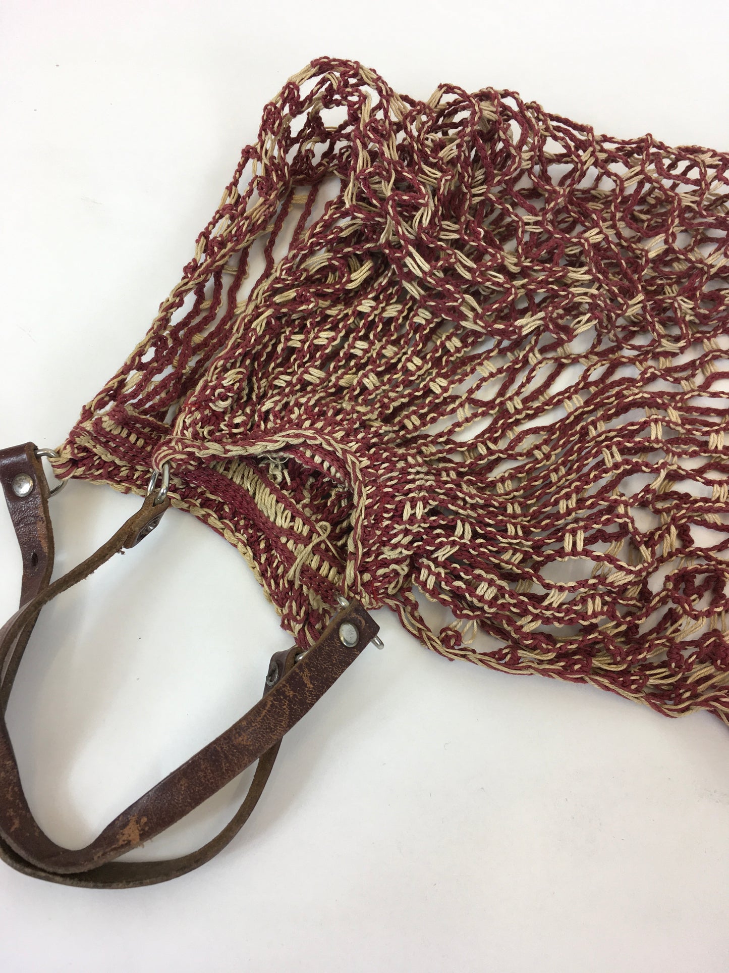 Original 1930’s / 1940’s Burgundy & White String Bag with Leather Handles - A Fabulous Piece Of Nostalgia