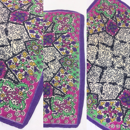 Original 1940’s Rayon Hankie - In Purple, Green, Black & Yellow