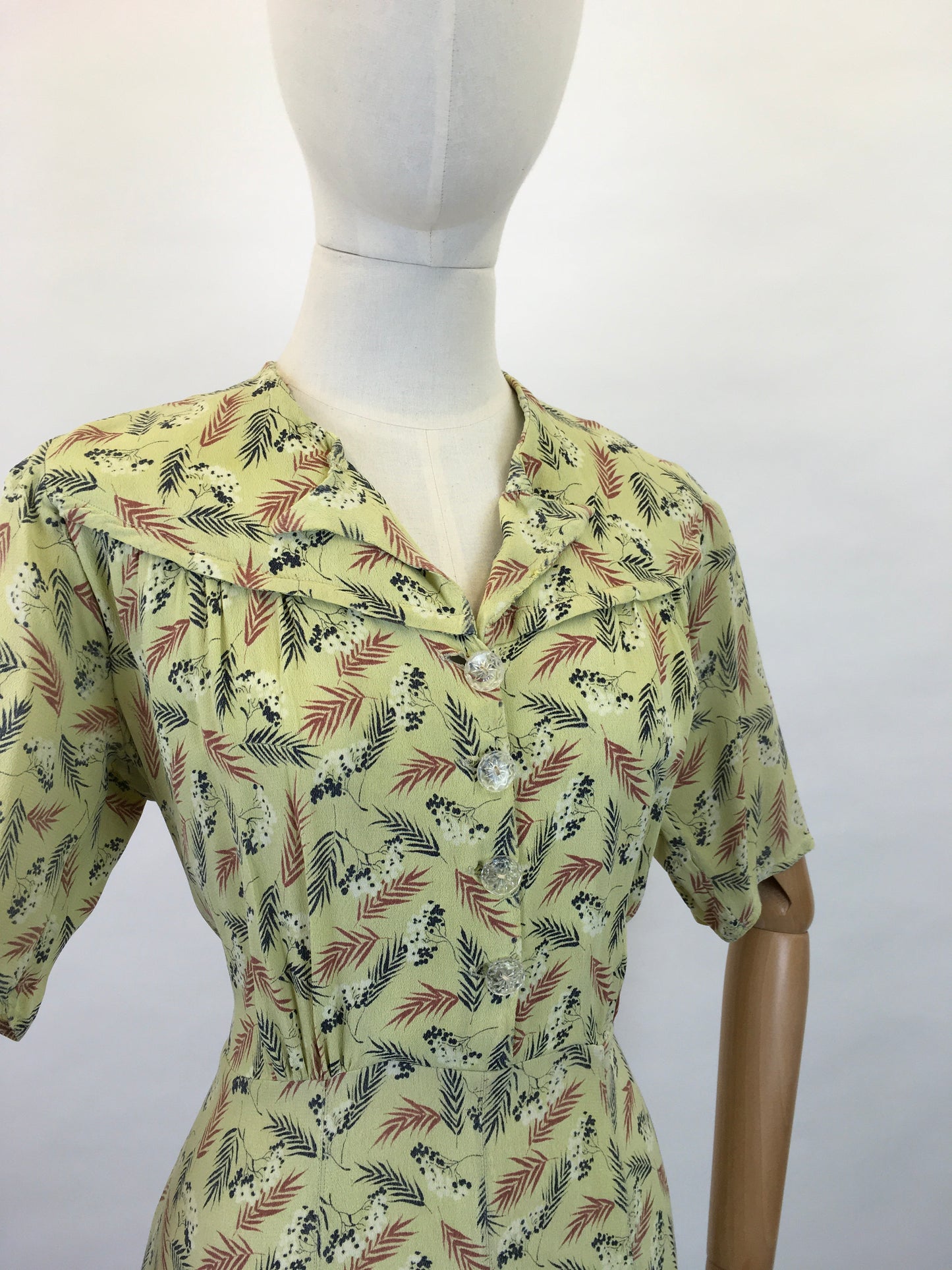Original 1940s Day Dress - In a Lovely Chartreuse Crepe with Wheat / Leaf Print In Charcoal, Rust and White