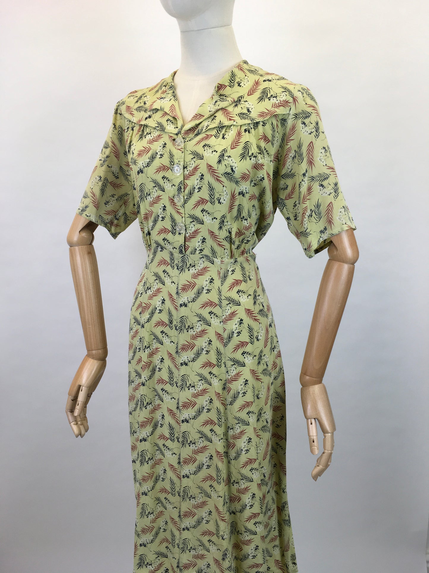 Original 1940s Day Dress - In a Lovely Chartreuse Crepe with Wheat / Leaf Print In Charcoal, Rust and White
