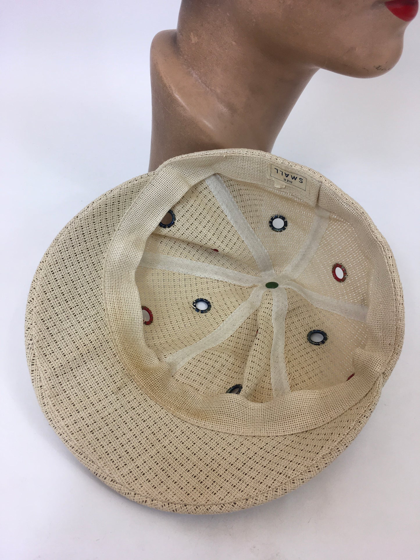 Vintage 1930's Stunning Sports Cap - In A Cream Mesh Fabric With Metal Eyelets in Blue & Red