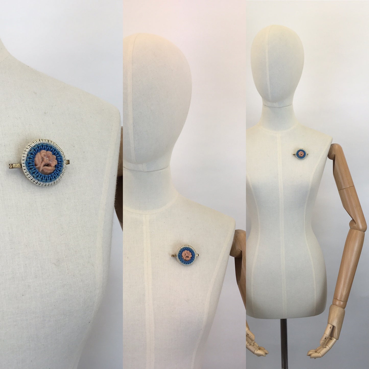 Original 1940’s Make Do and Mend Telephone Cord Wirework Brooch - In White, Blue and Pale Pink