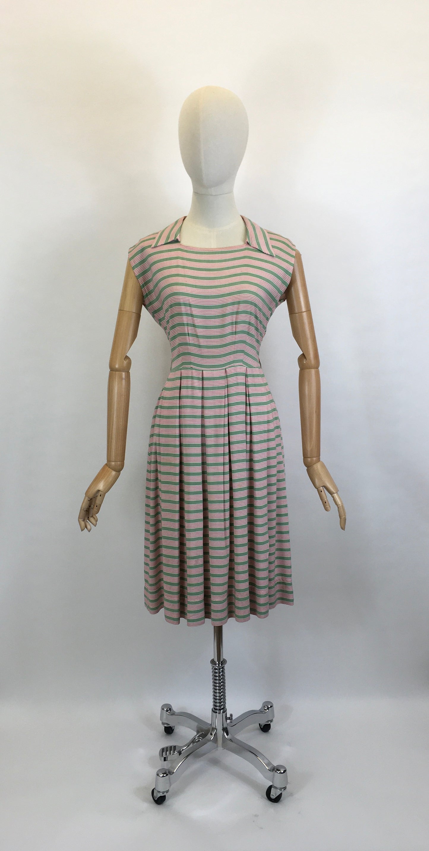 Original Late 1940’s Early 1950’s Cute Cotton Day Dress - In A Soft Cotton Stripe in Sage Green & Powdered Rose