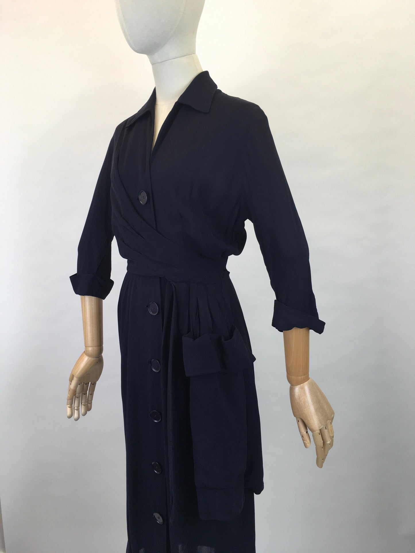 Original 1940s Stunning ‘ Herbert Stonheim ‘ Couture Dress - In a Navy Sheer Rayon with Wrap Hip Swag and Pocket