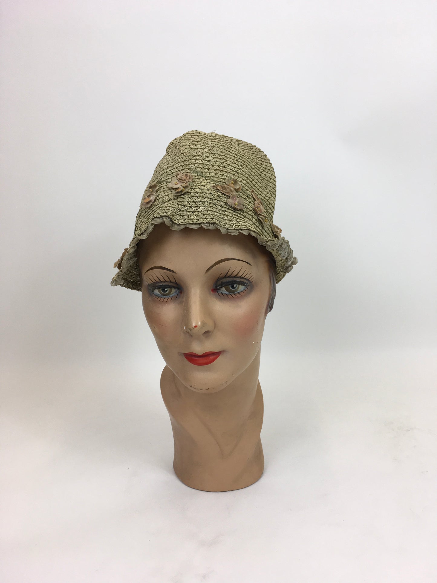 Original 1920's Darling Fabric Cloche Hat by ' Migola Reg'd' - With Dainty Velvet Floral Trims
