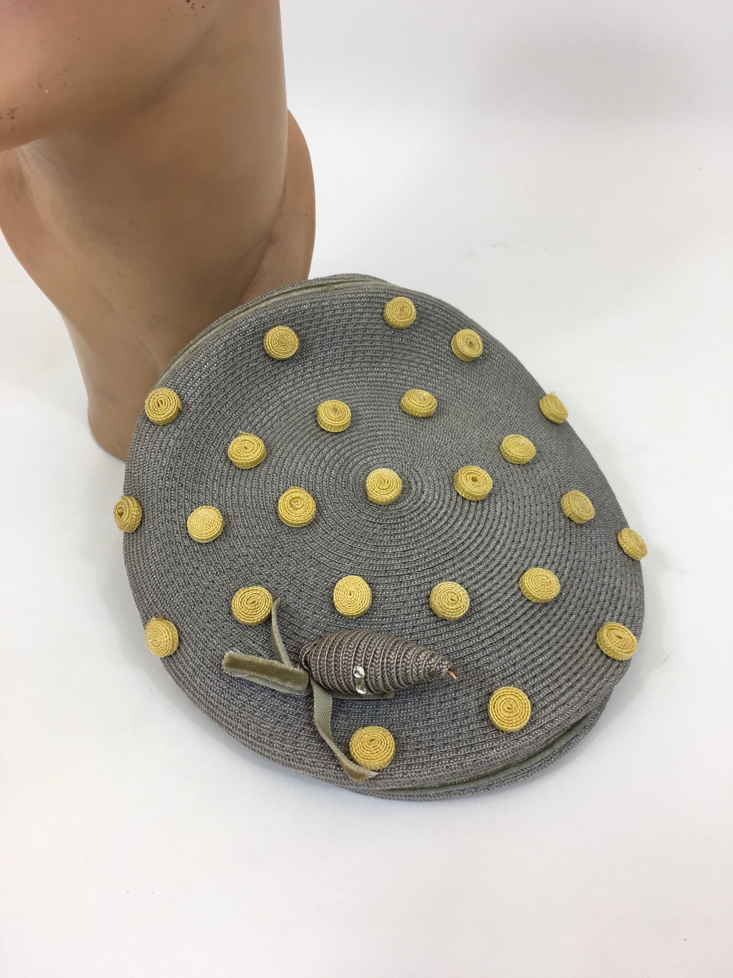 Original Late 1940's Stunning Headpiece - In Powder Grey & Primrose Yellow Polka Dots