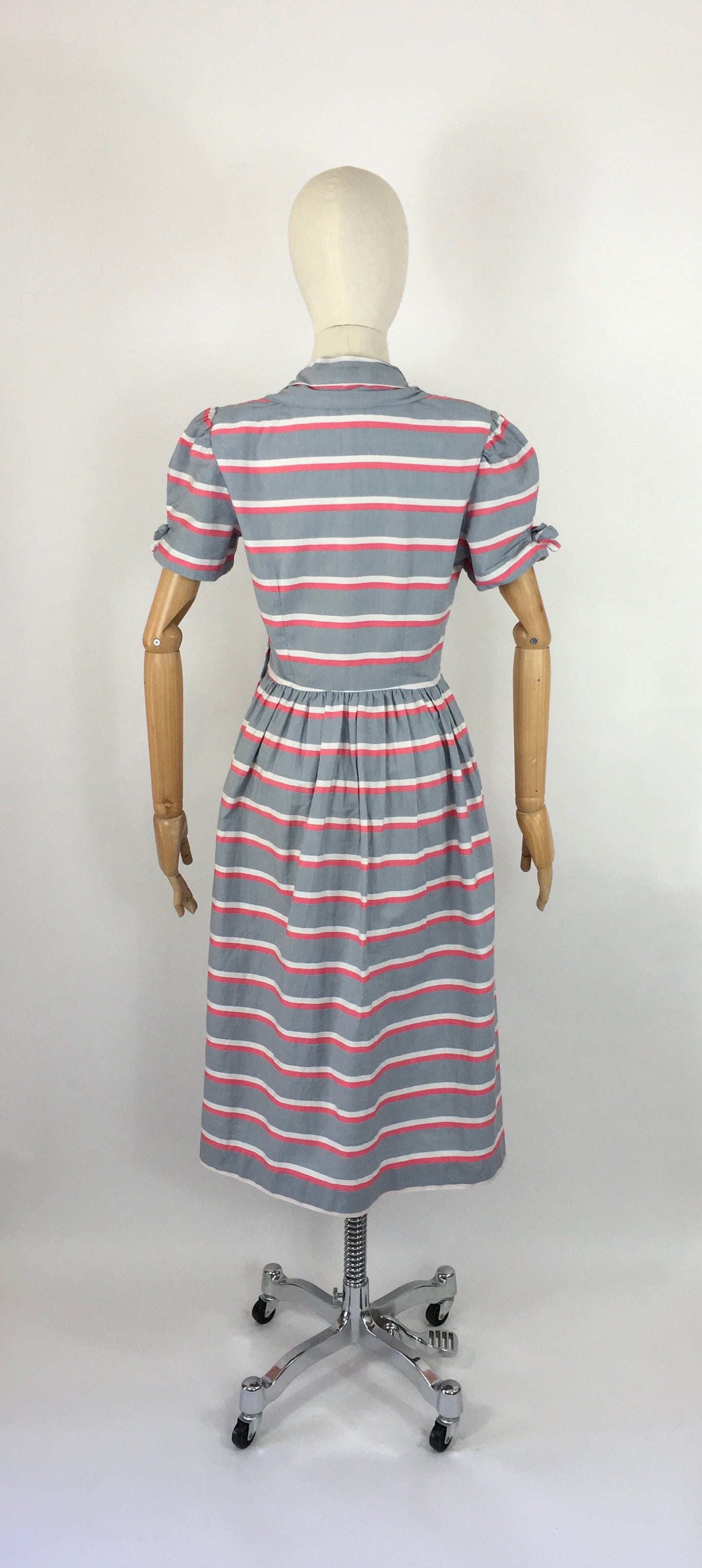 Original Early 1940s Cotton Day Dress - Lovely Stripe In Soft Greys, Bright Pinks and White