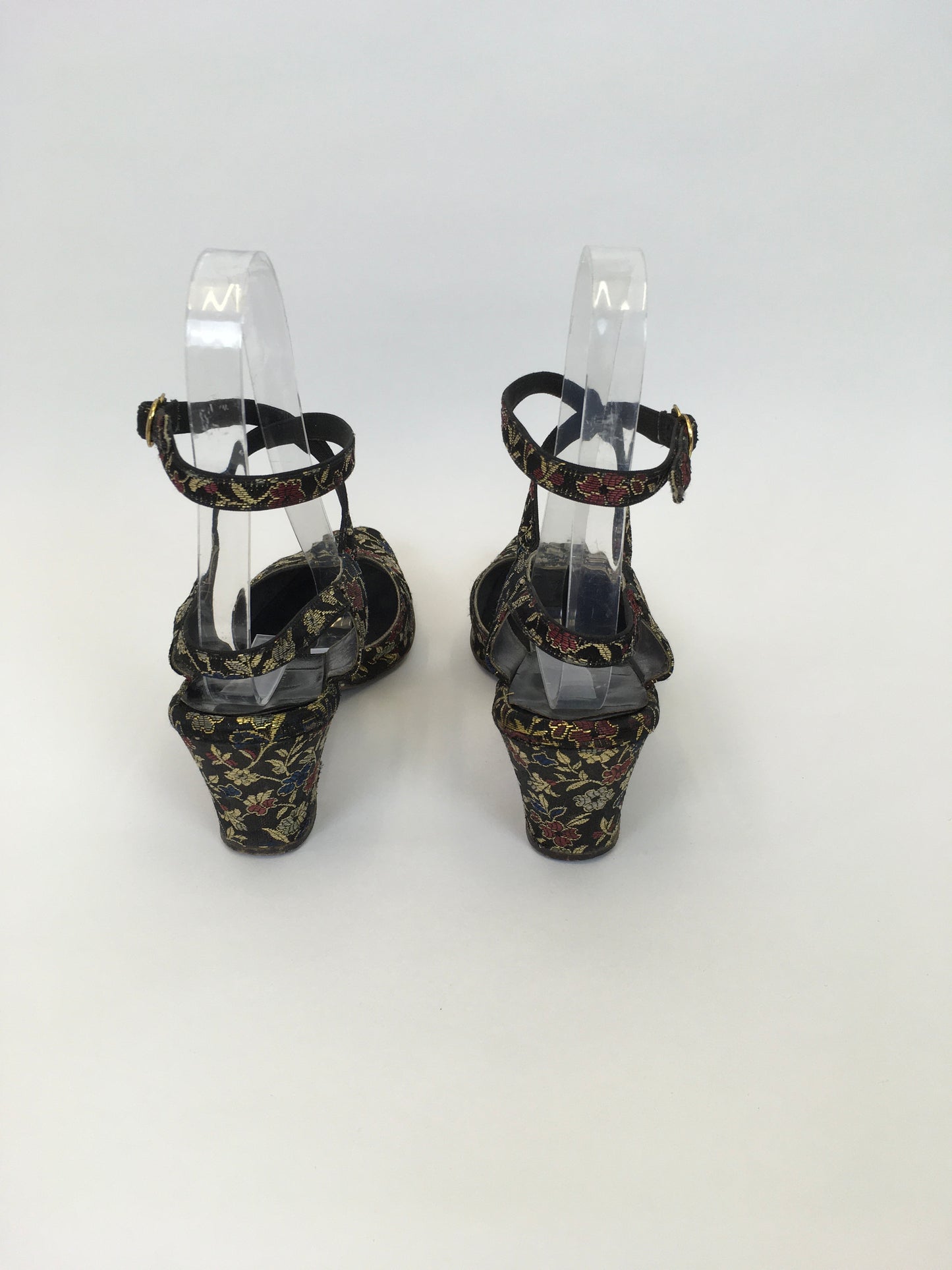 Original 1940s Heeled Sandals In A Beautiful Floral Brocade - Made by The Fabulous ‘ Colella’ American Label