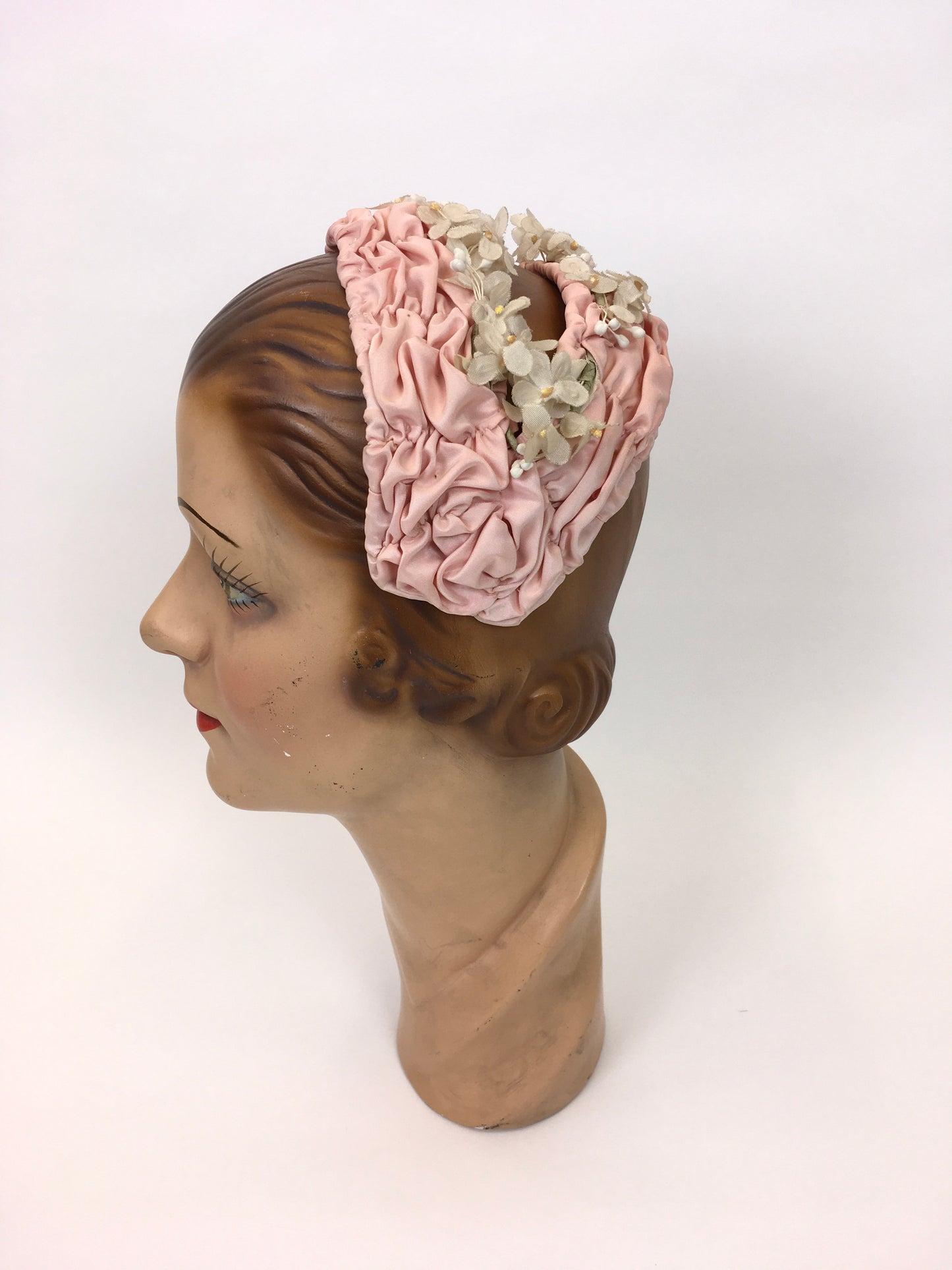 Original 1950s Pink Ruched Headpiece - Adorned with Beautiful Delicate Ivory Florals