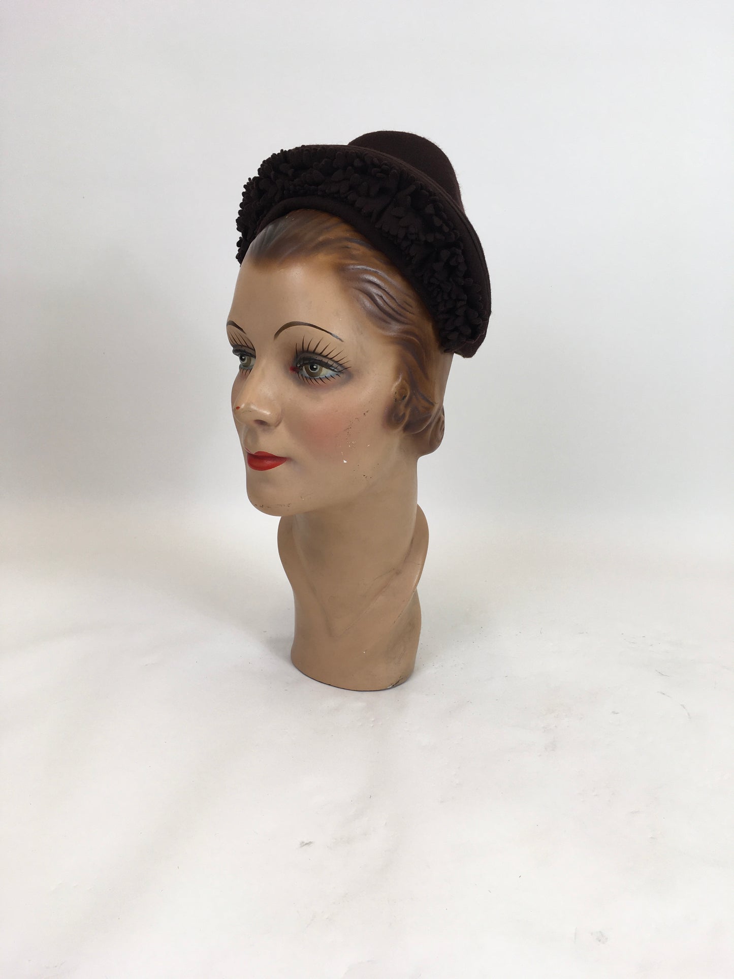 Original 1930's / 1940's Darling Pixie Halo Hat in Chocolate Brown - With Floral Adornment