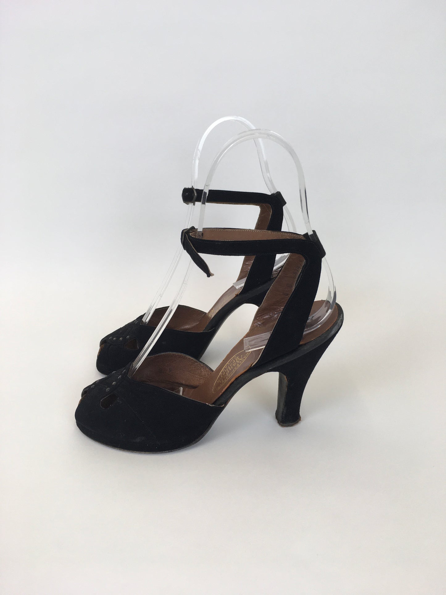 Original 1940s Black Suede Heels - With Peep toe Front Detailing and Buckled Ankle Strap