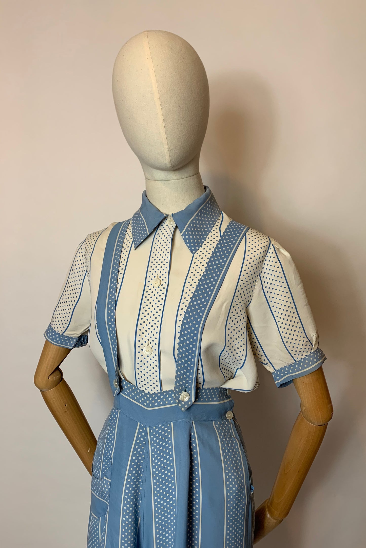 Original 1940’s 2 pc Blouse & Dungaree Set - In the Most Summery Of Colour Pallets with Polka Dots