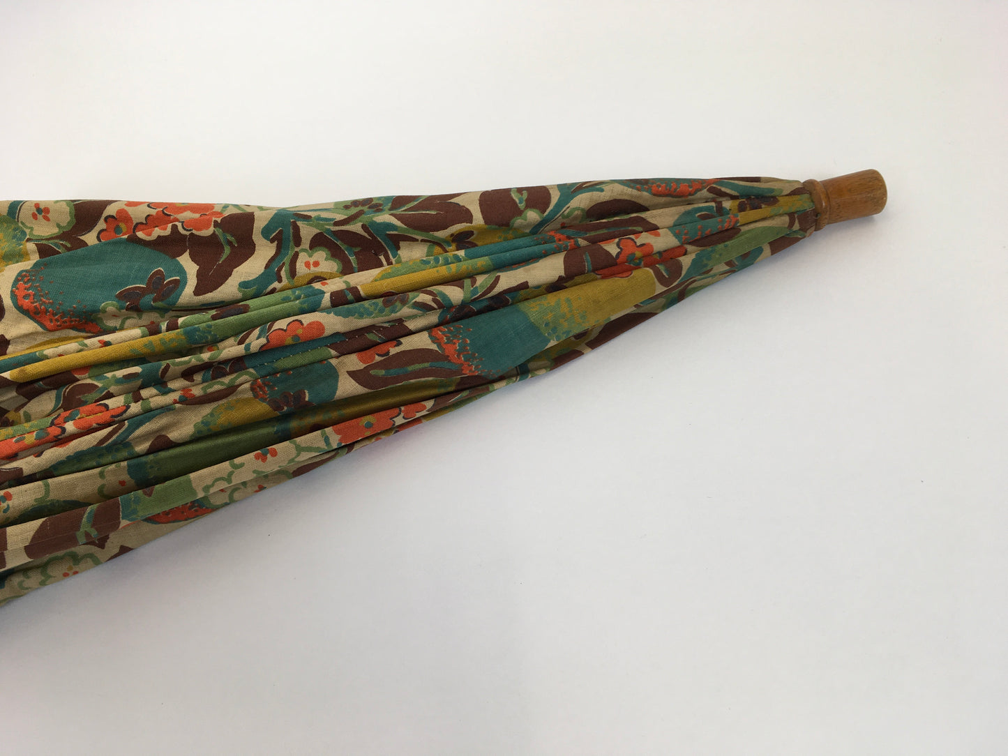 Original 1930s Sun Parasol in a Stunning Floral and Fruit Cotton - In Deco Oranges, Greens, Chartreuse and Teal