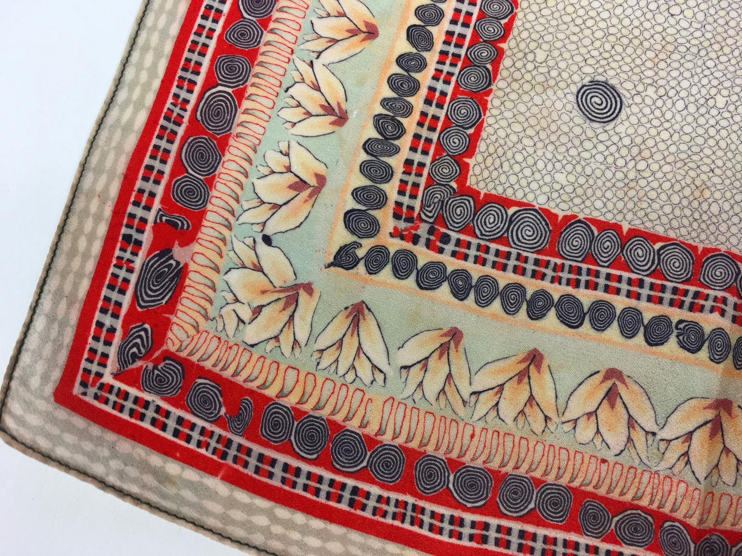 Original 1940’s / 1950’s Silk Hankie - In A Soft Colourway Of Beige, Red, Stencilled Black and Pale Duck egg