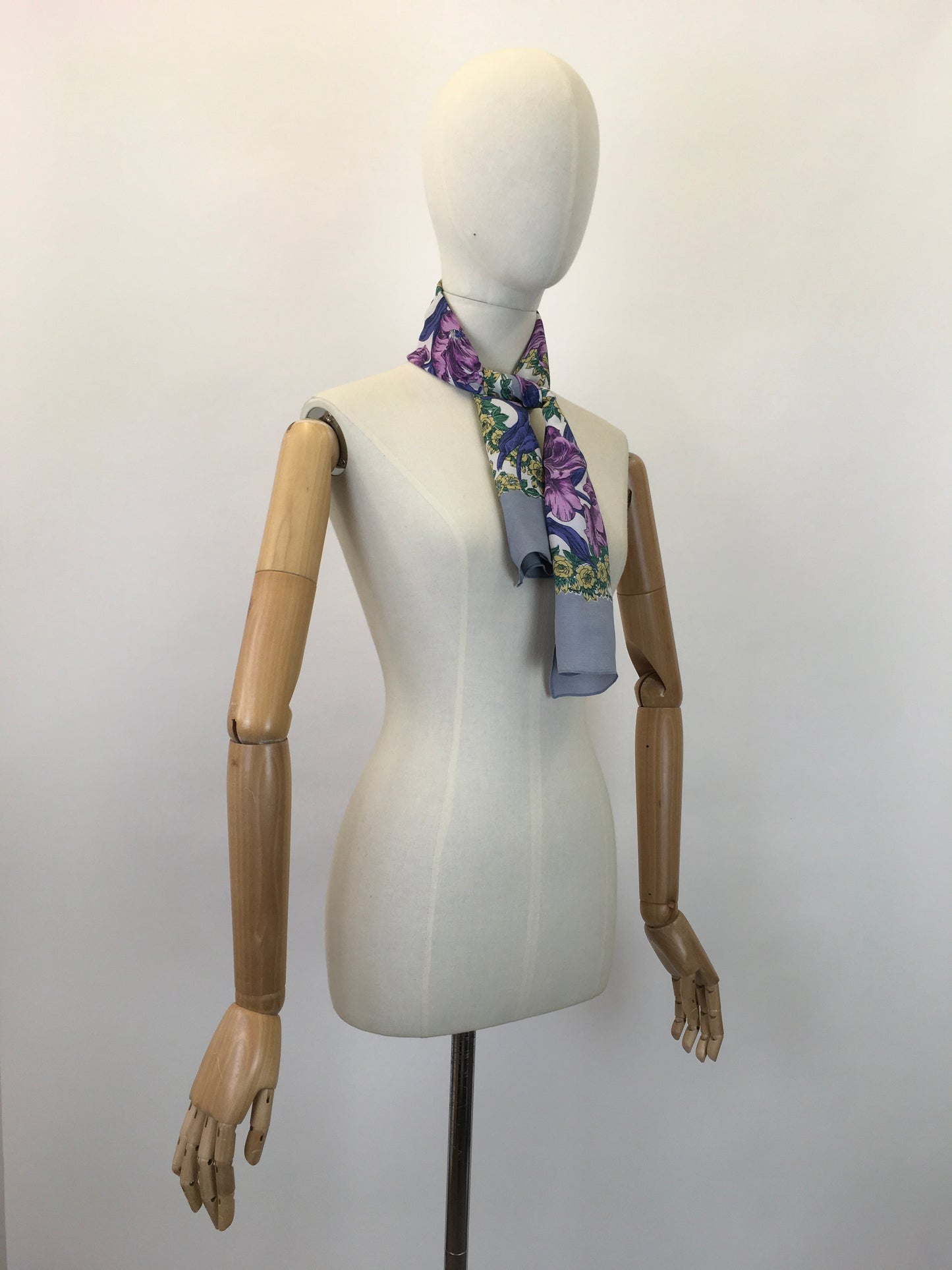 Original 1940's Floral Rayon Scarf - In Rich Purples, Mauves, Yellow & Green