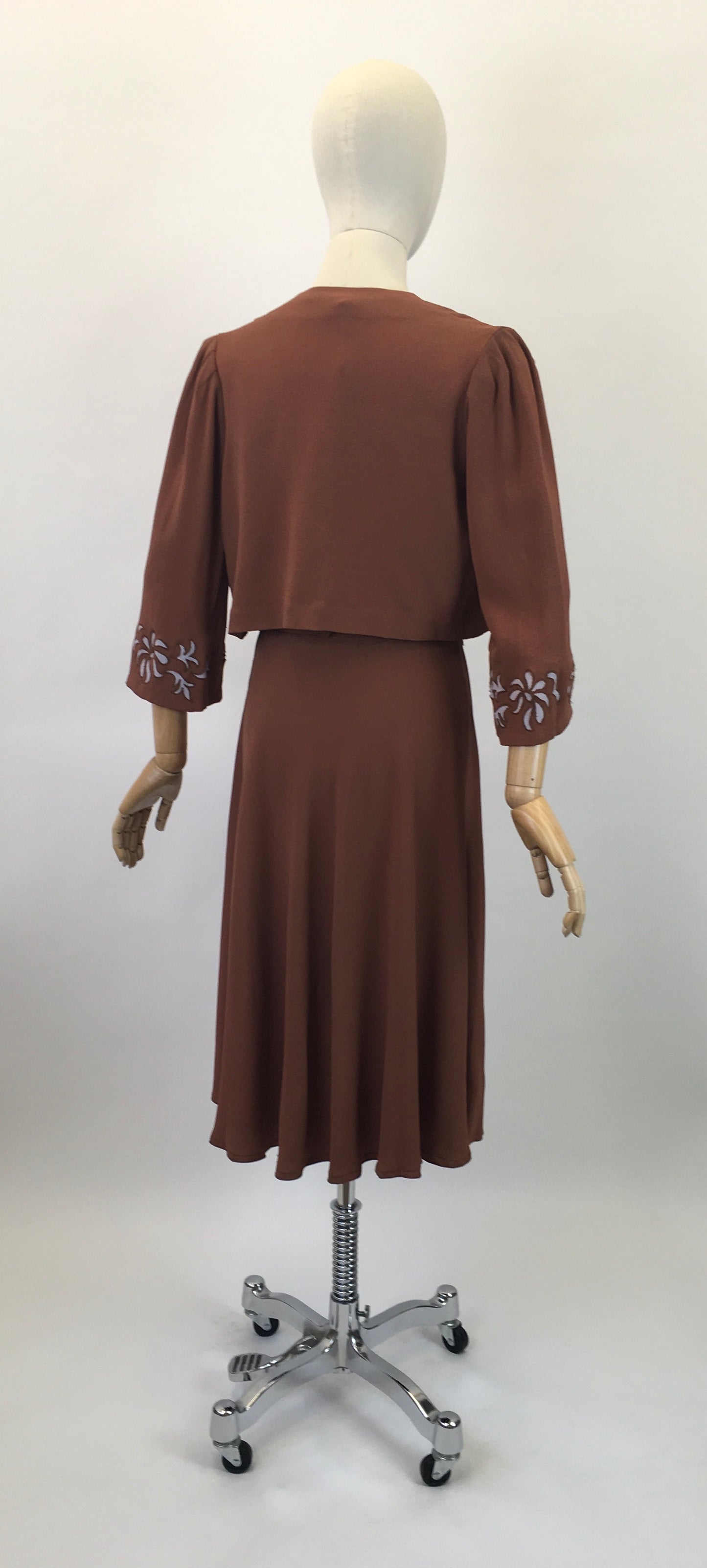 Original 1940's Darling 2Pc Dress & Bolero Set - In A Soft Brown With Grey Accents