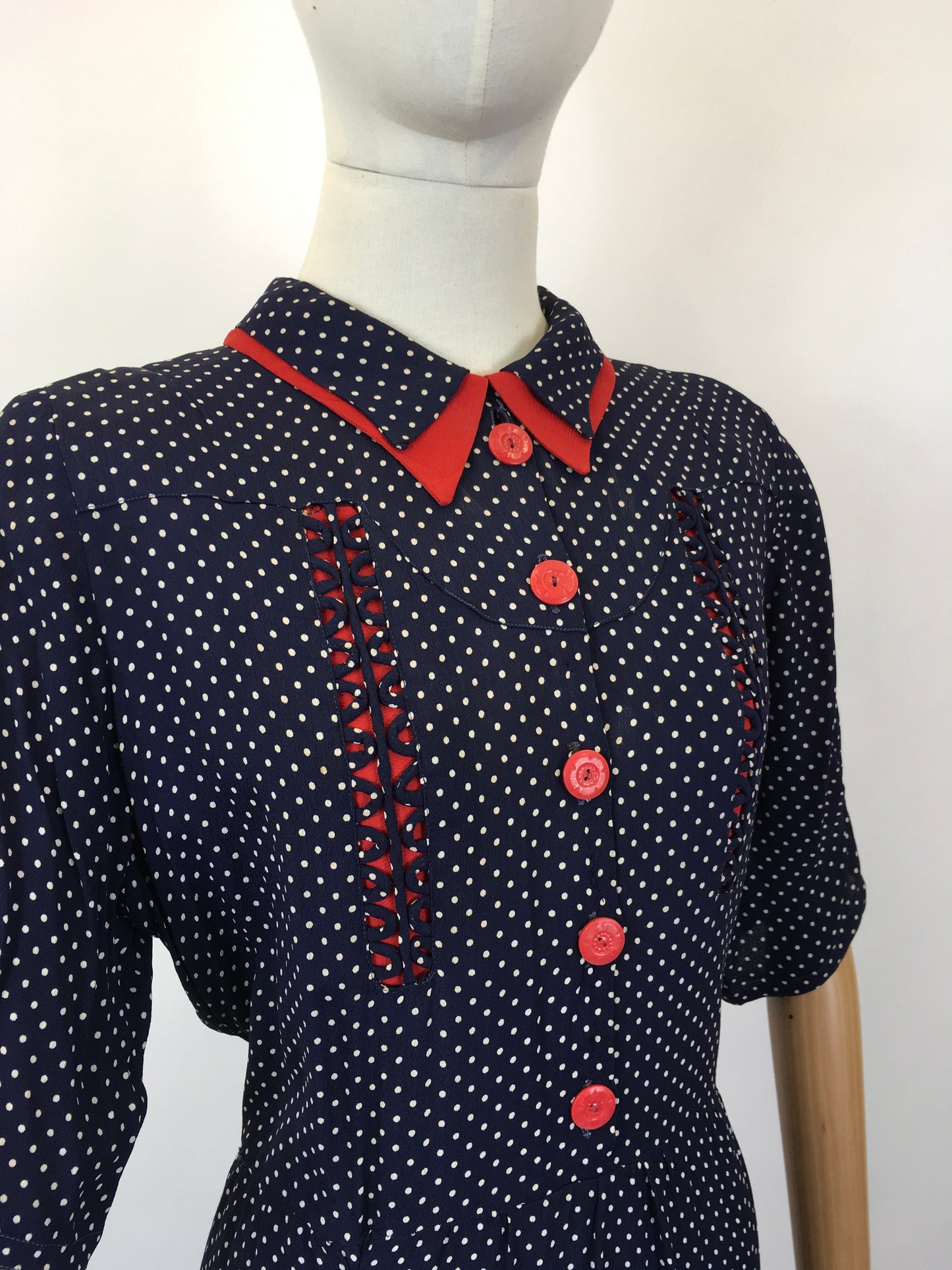 Original 1940's Sensational Volup Rayon Dress - In Navy, White & Red with Contrast Fretwork Embelishment