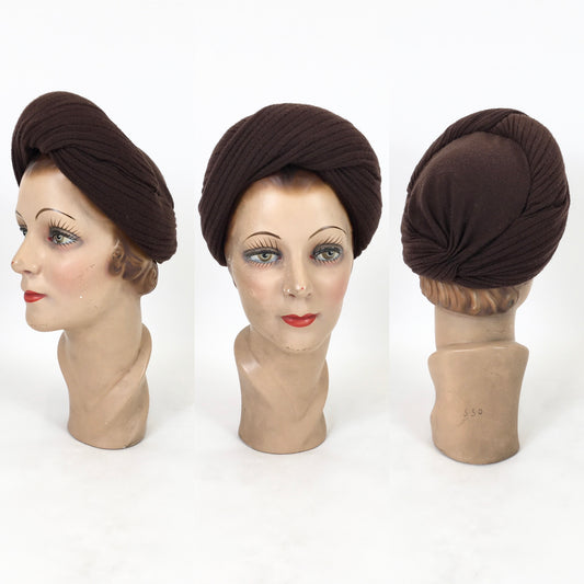 Original 1940's Stunning Wool Turban - In Dark Chocolate Brown