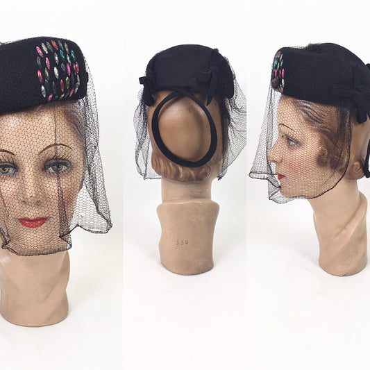 Original 1940's Stunning Tilt Hat - With Rainbow Metal Embellishments and Veiling