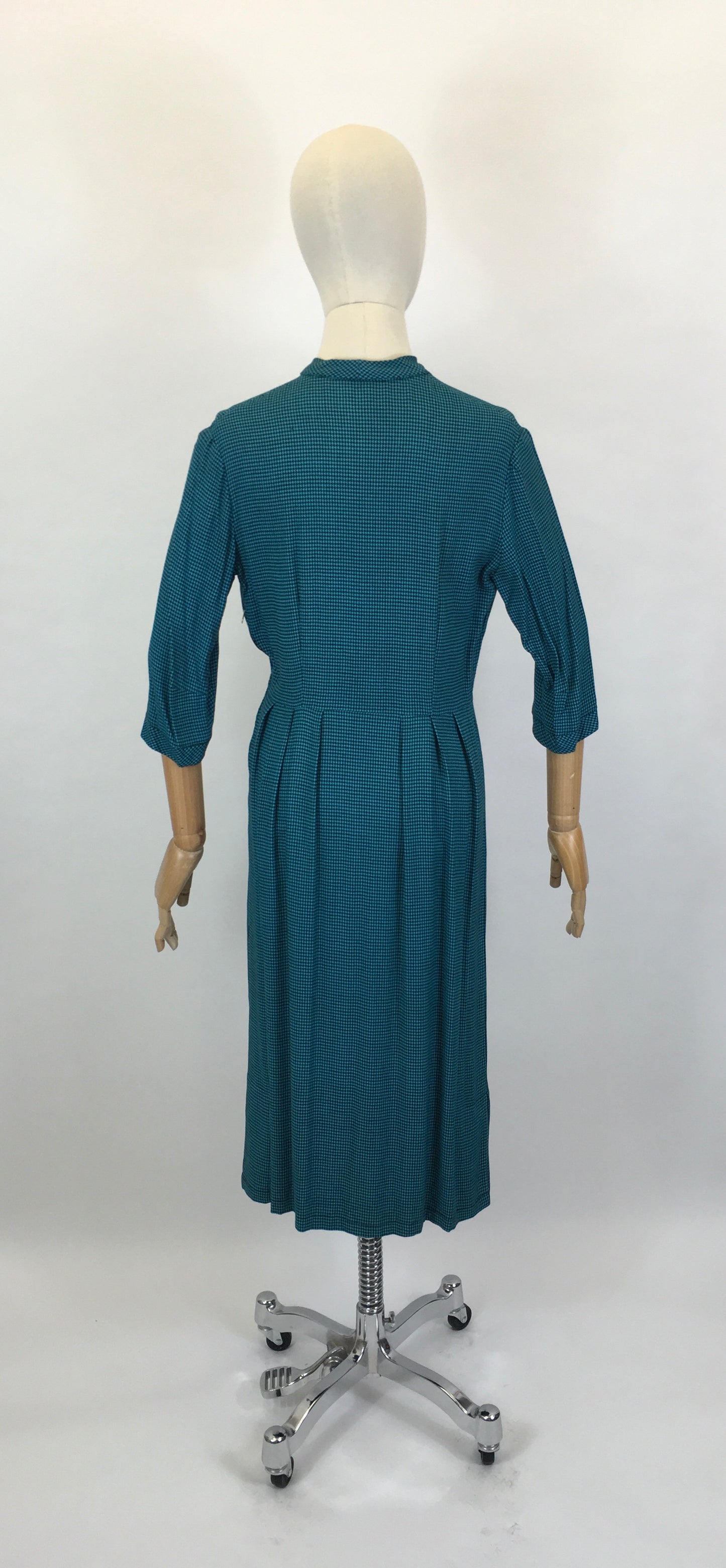 Original Early 1950’s Fabulous Day Dress - In A Lovely Deep Teal Dogtooth Cotton