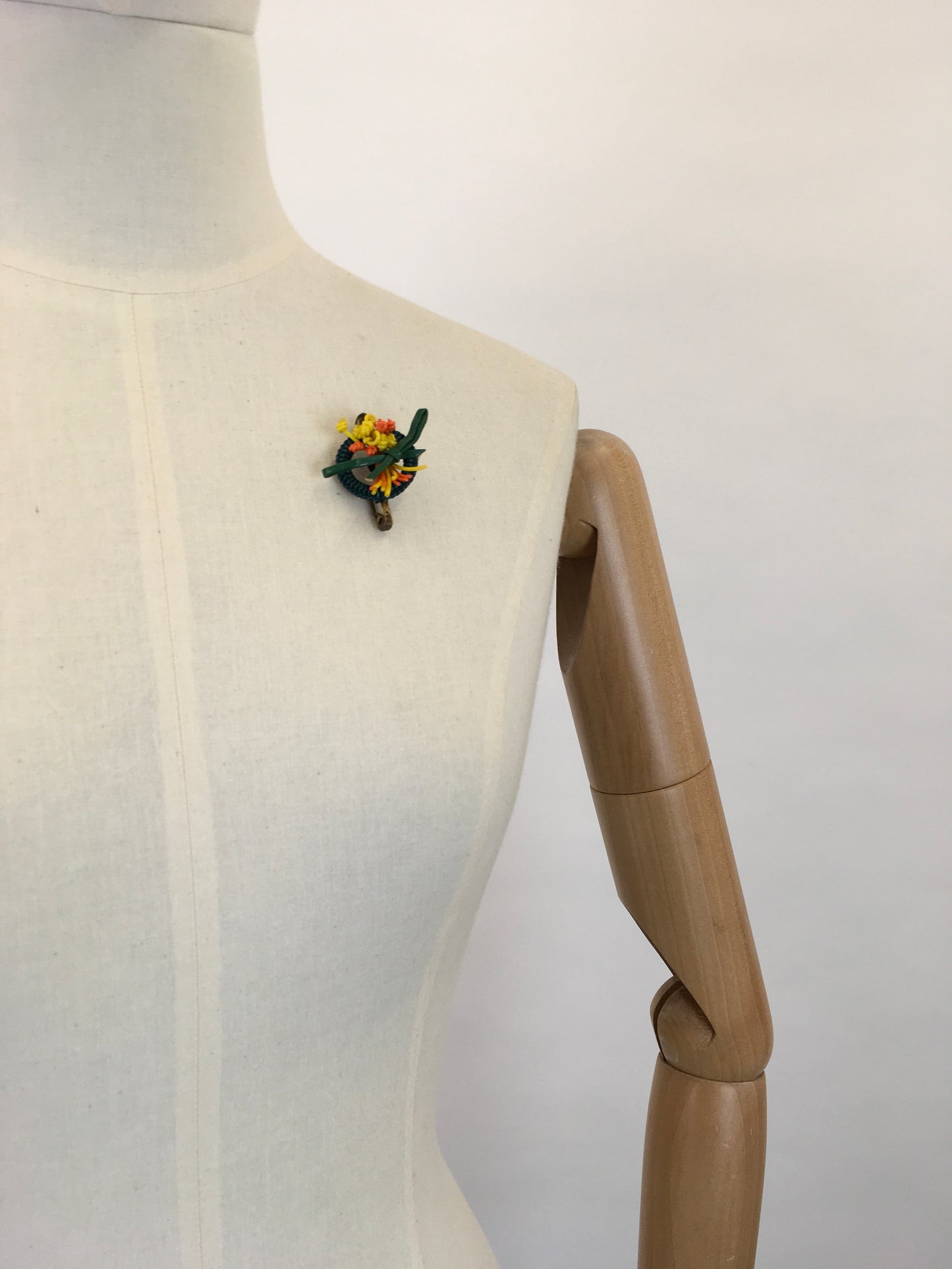 Original 1940s Make Do and Mend Telephone Wire Brooch - In Bright Yellow, Orange and Green