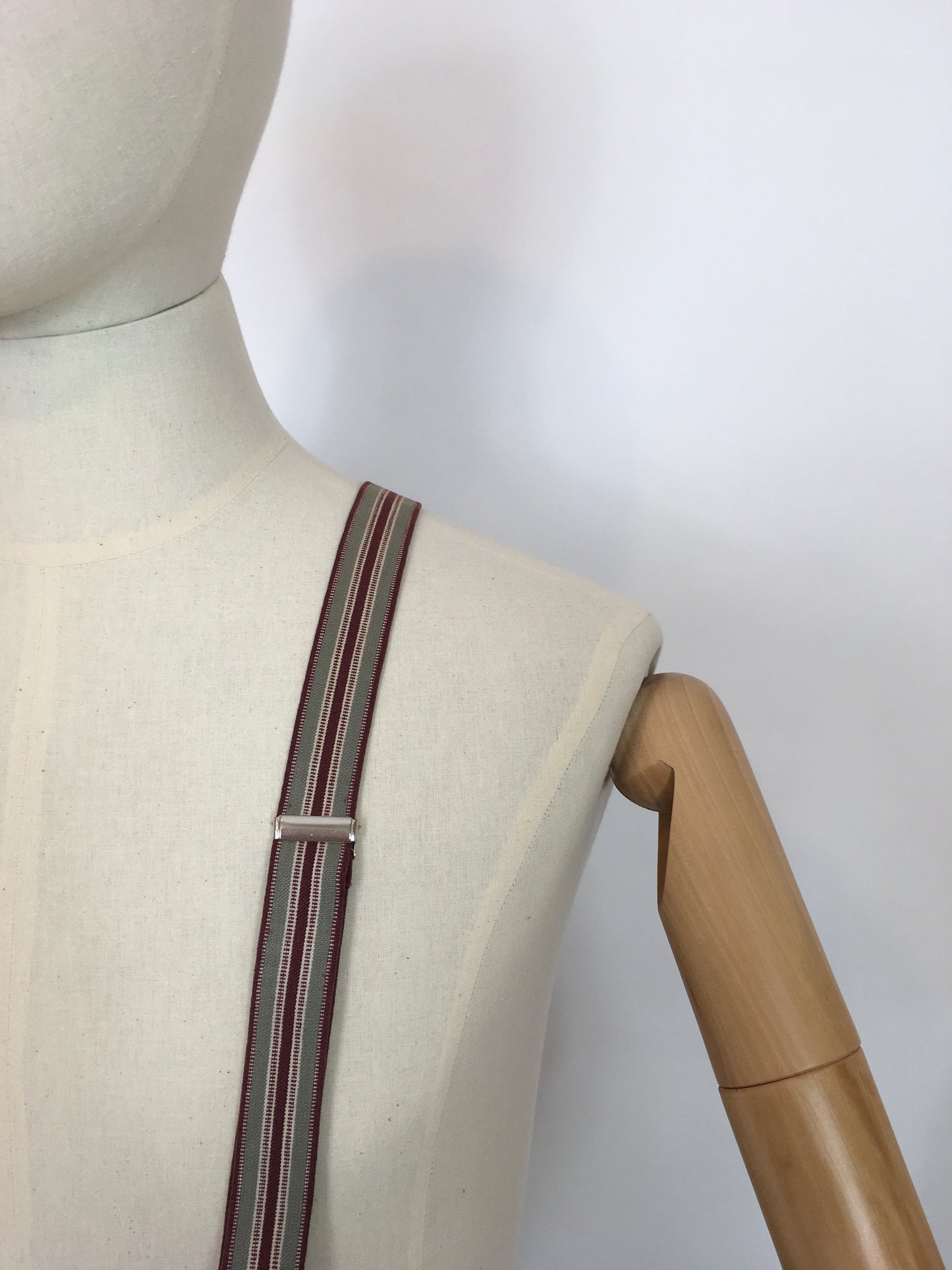 Original 1940s Mens Braces with Grey Leatherwork - In A Burgundy and Grey Stripe
