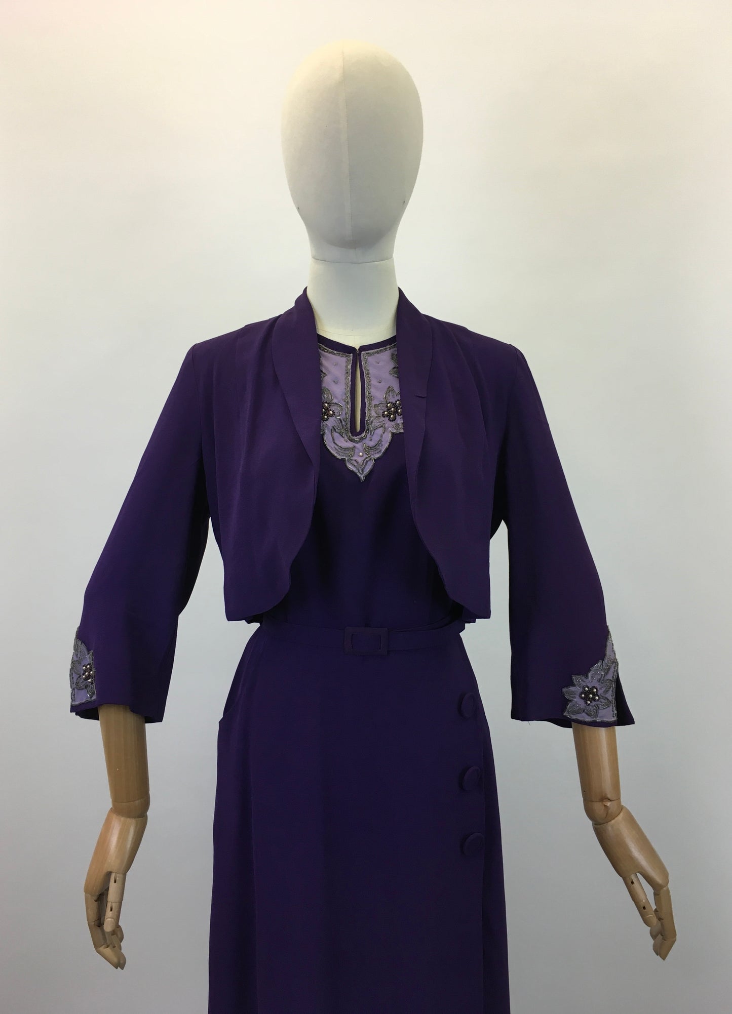 Original 1940's Amazing 3pc Set In Cadbury Purple - With Sensational Beadwork Detailing