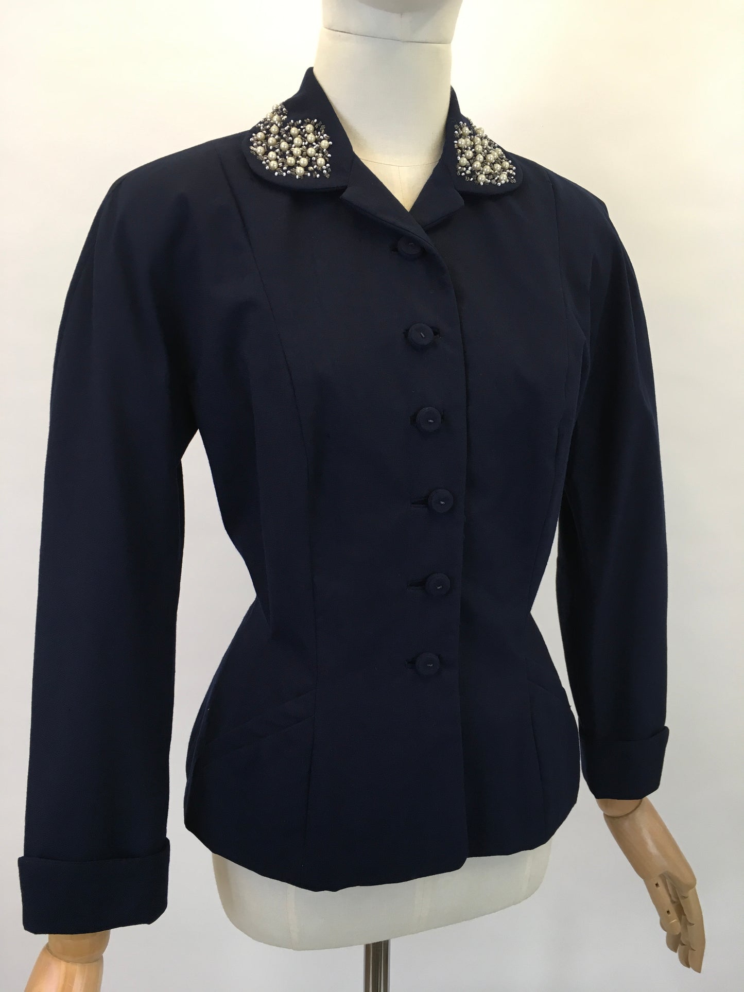 Original 1940’s NRA LABEL Navy Fitted Jacket - With Pearl & Beadwork Embelishment