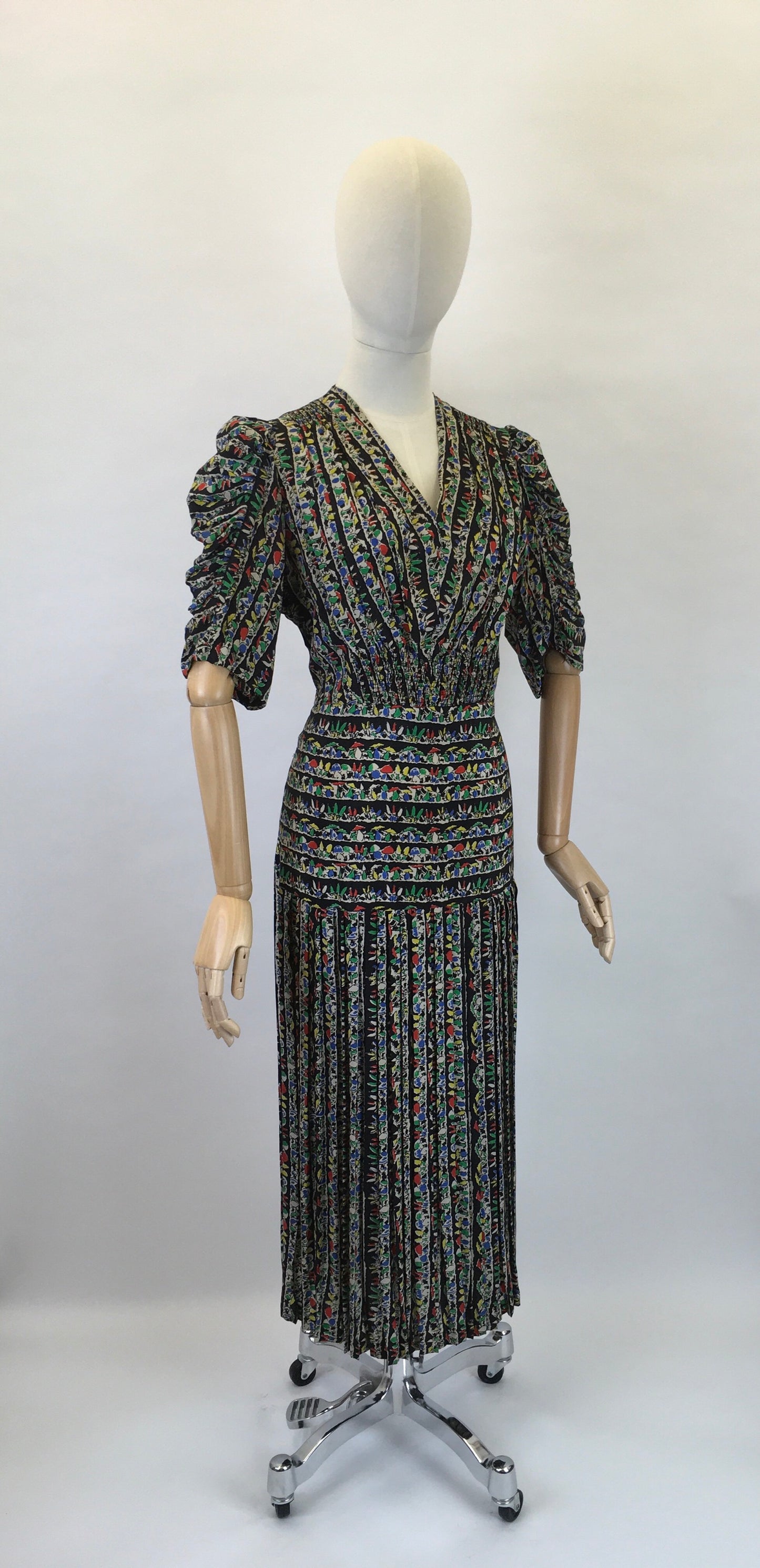Original 1930s STUNNING Novelty Print Dress - Featuring Toadstools I’m Primary Reds, Yellows, Blues and Greens