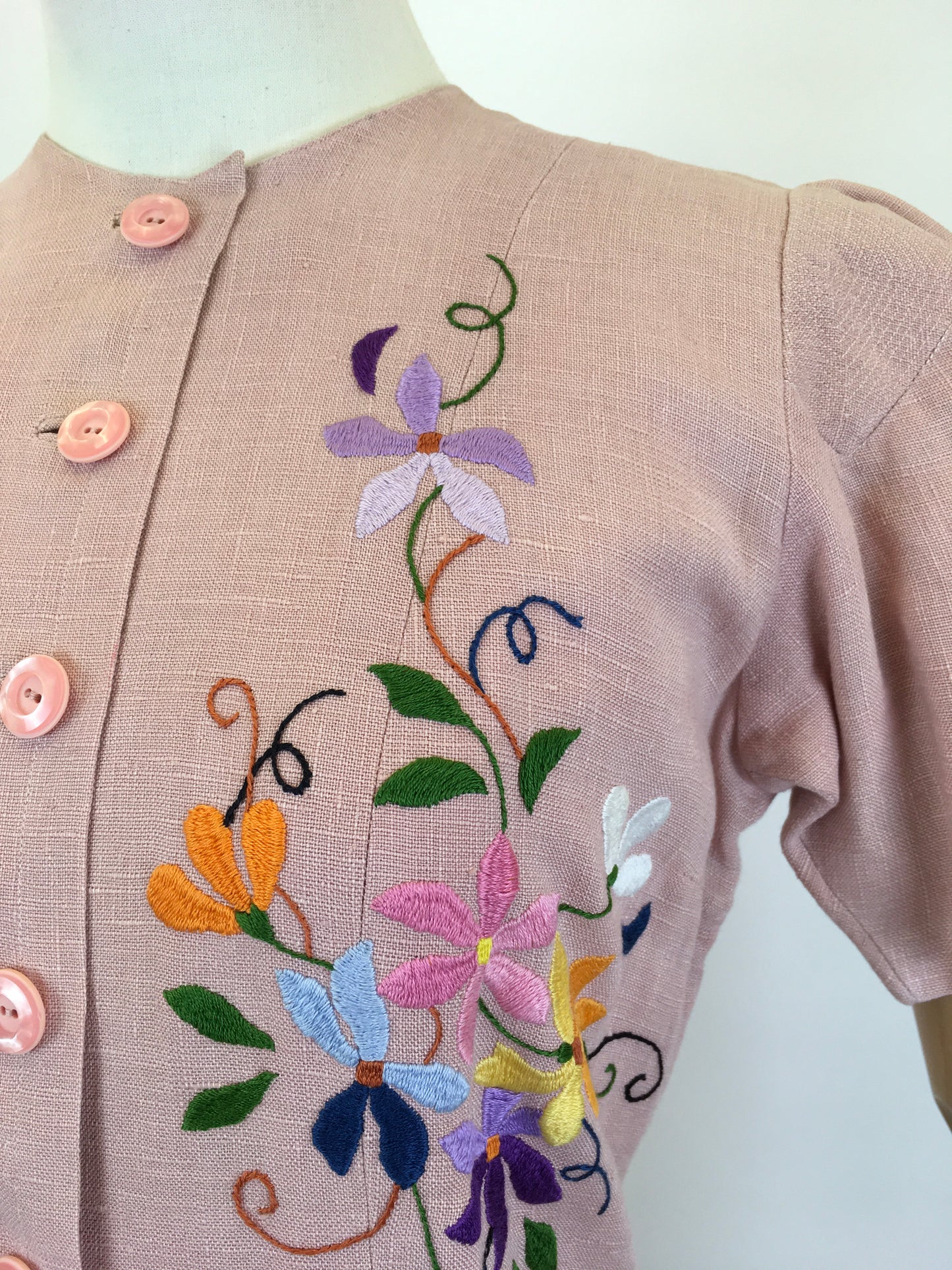 Original Early 1940’s Moygoshal Linen Dress with Embroidery - In Powdered Rose with Spring Meadow Florals