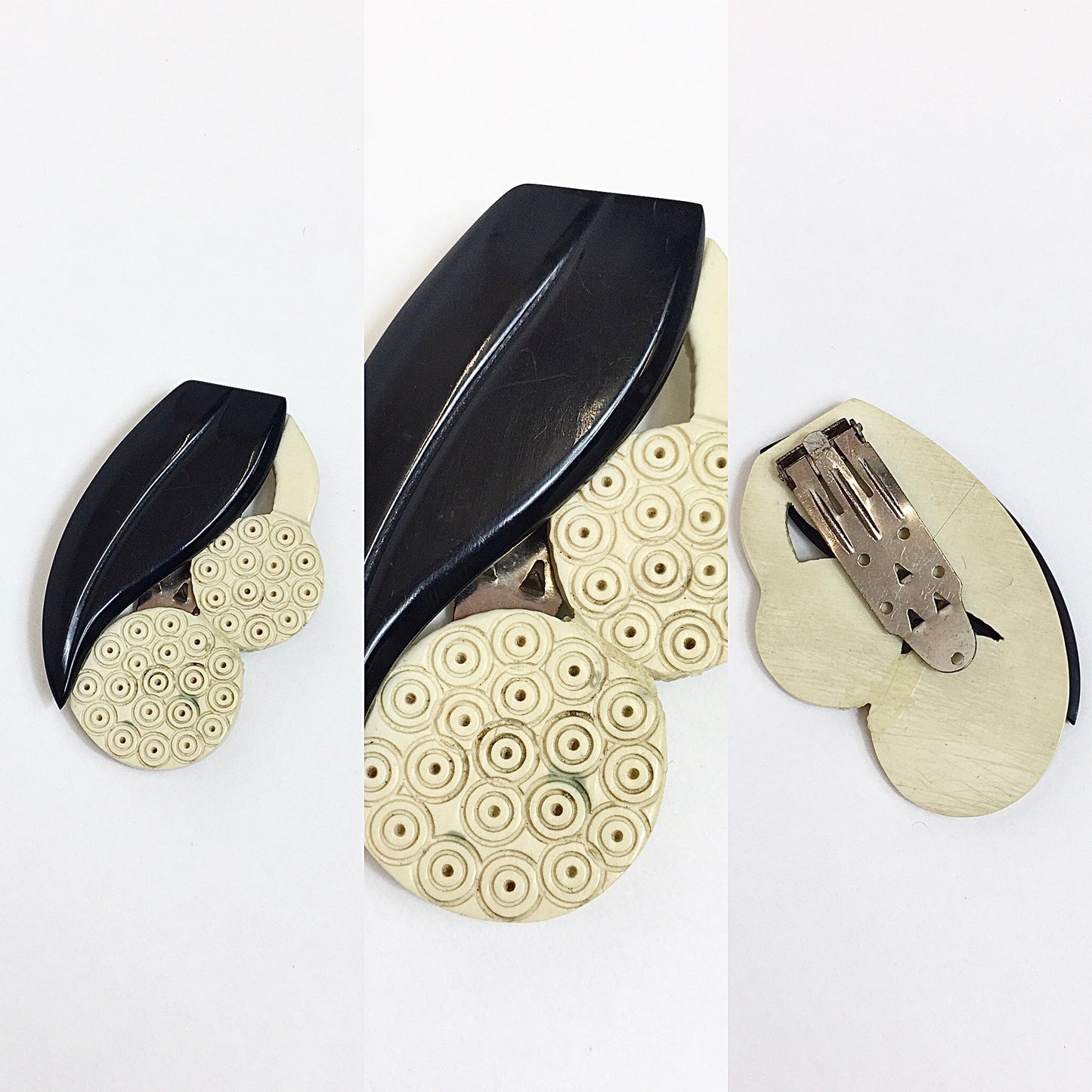 Original 1920's / 1930's Art Deco Dress Clip - In Iconic Cream and Black Colourway