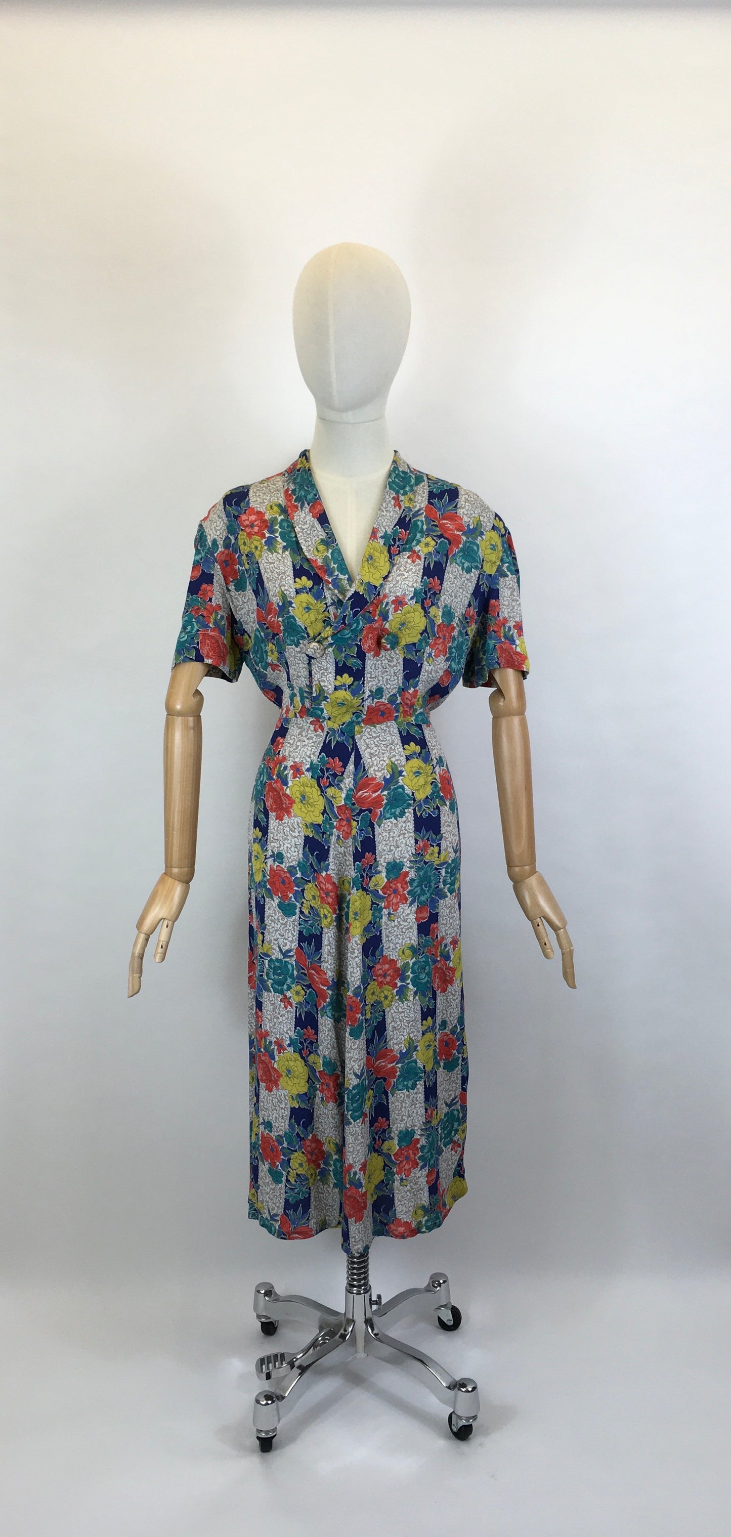 Original 1940’s STUNNING Fine Crepe Day Dress - Floral Brights in Reds, Blues, Chartreuse, Peacock and Fawns