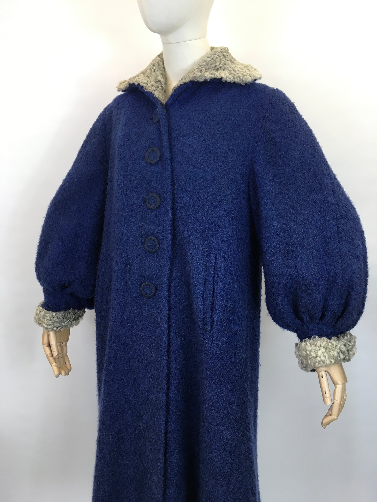 Original 1940’s Amazing Boucle Wool Coat with Astrakhan Trim - In a Royal Blue and Soft Grey